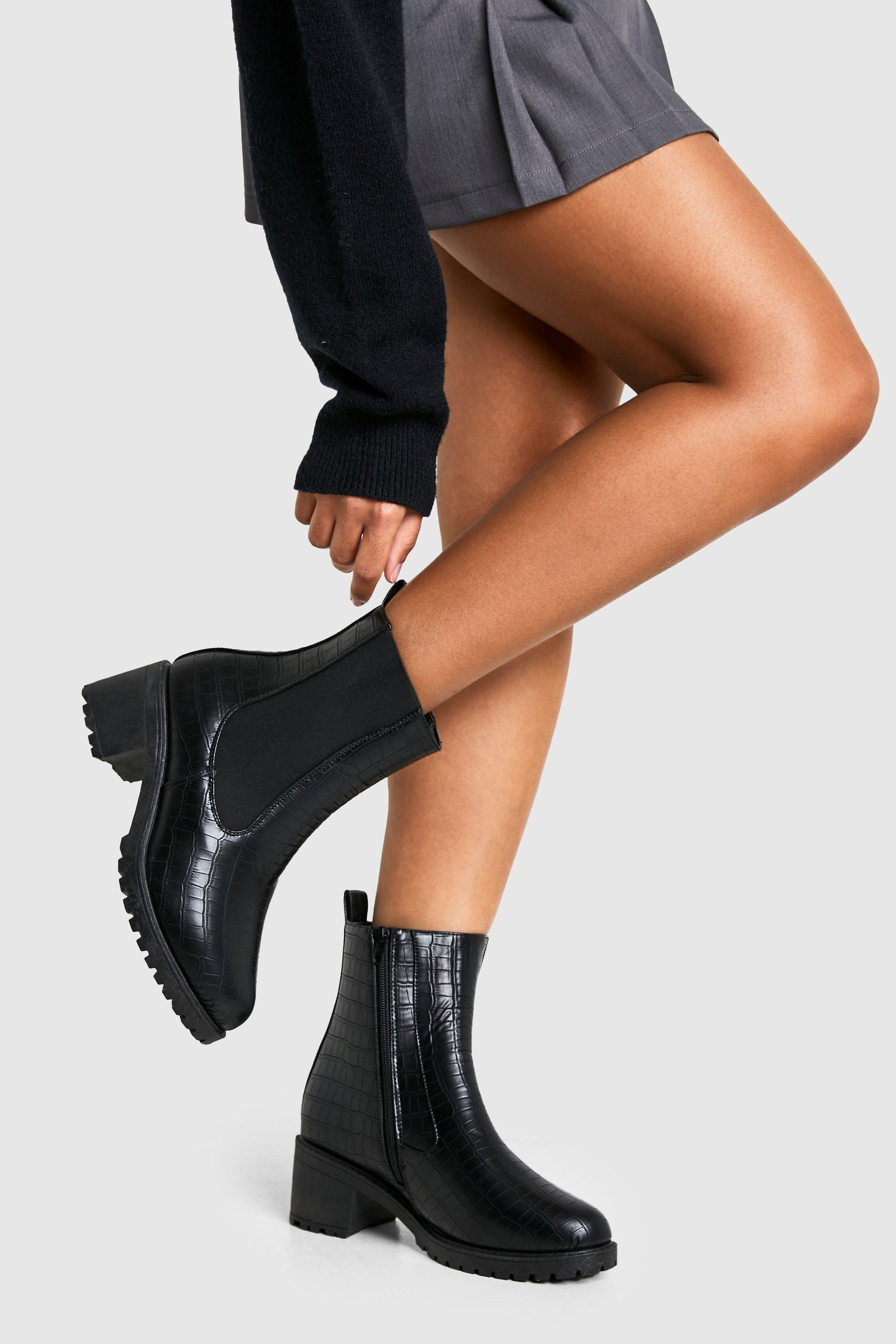 Boohoo Brede Krokodillen Chelsea Boots Met Hak, Black