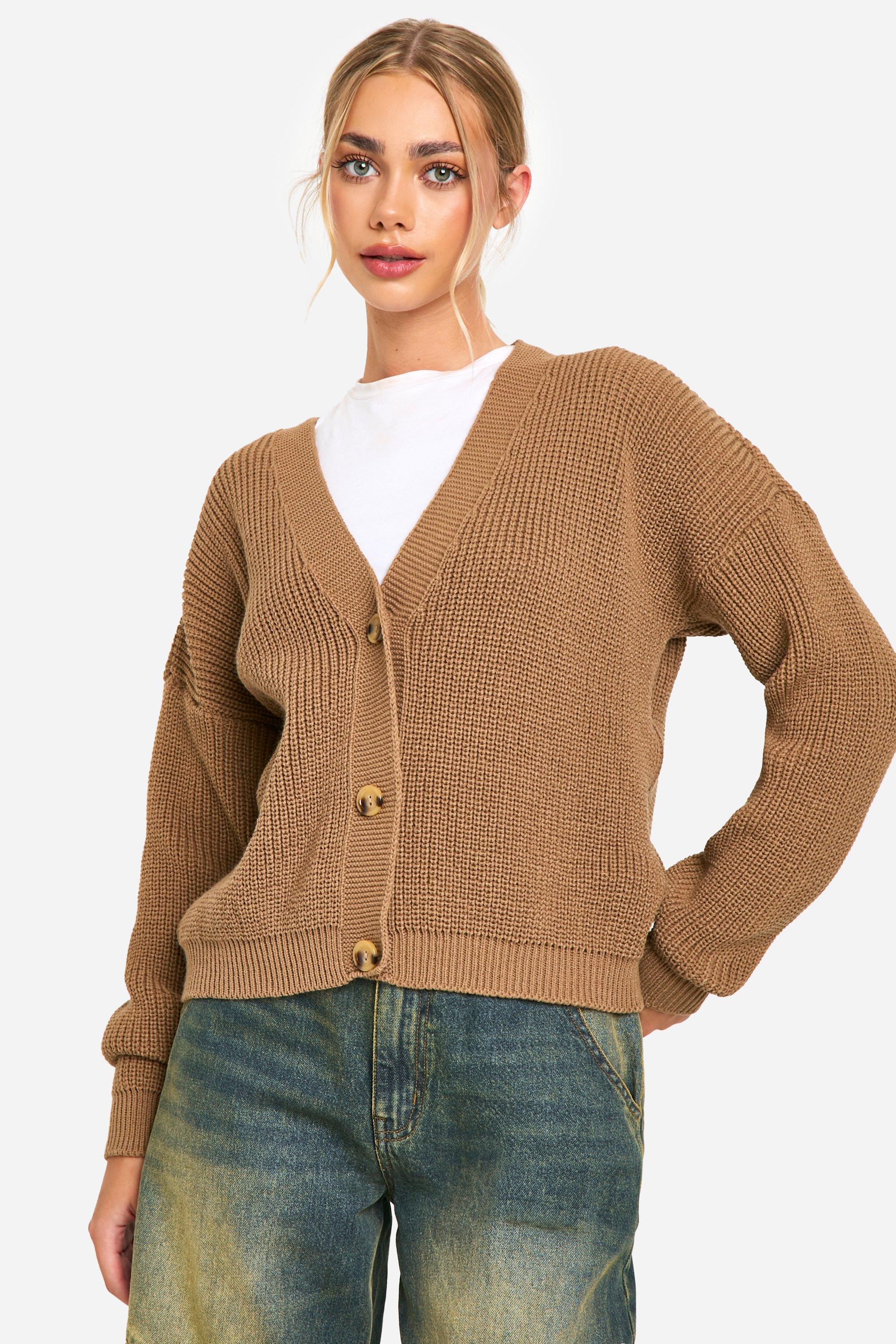 Boohoo Chunky Knit Cropped Cardigan, Camel