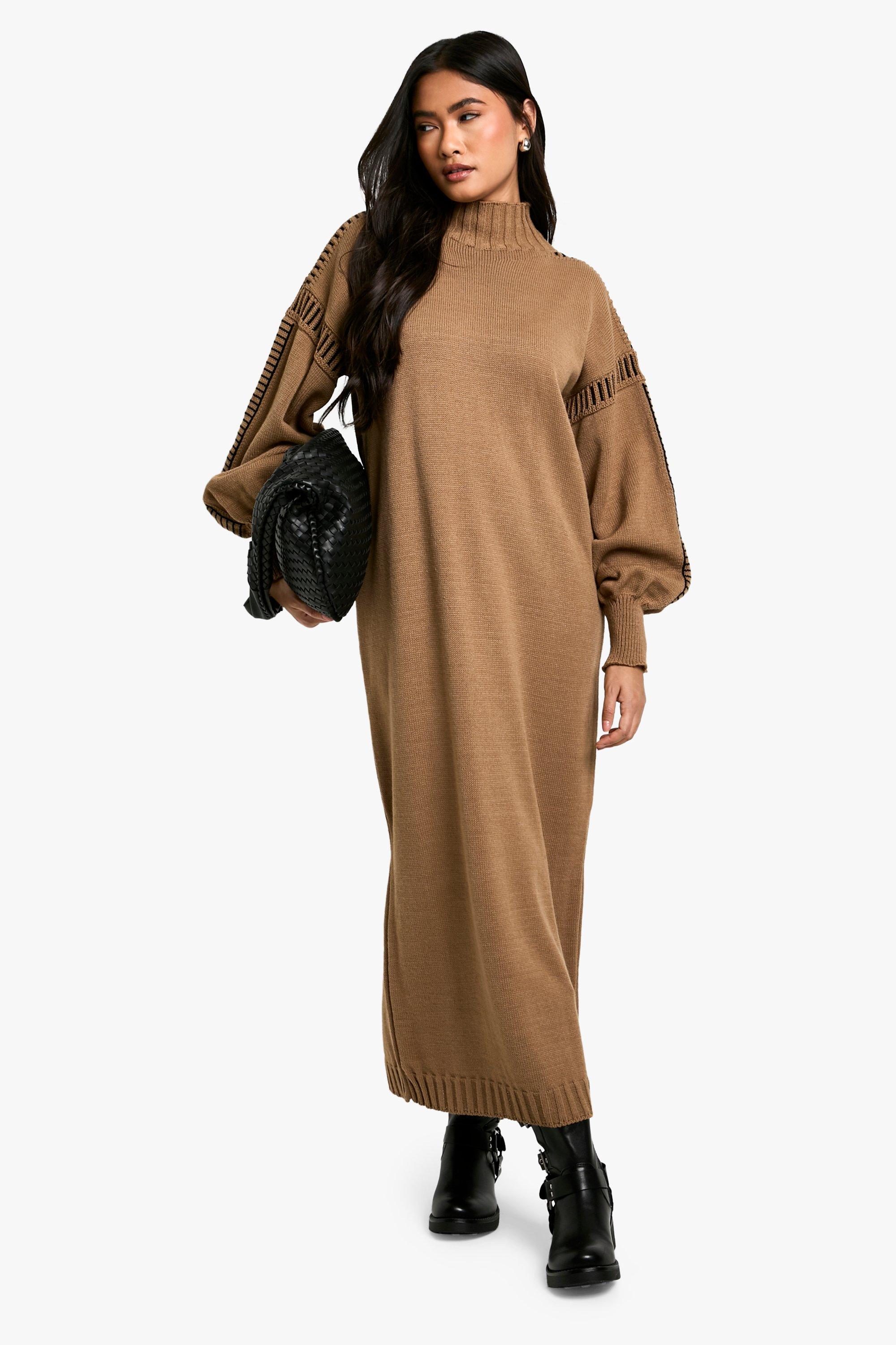 Boohoo Oversized Gebreide Maxi Jurk Met Stiksels, Camel