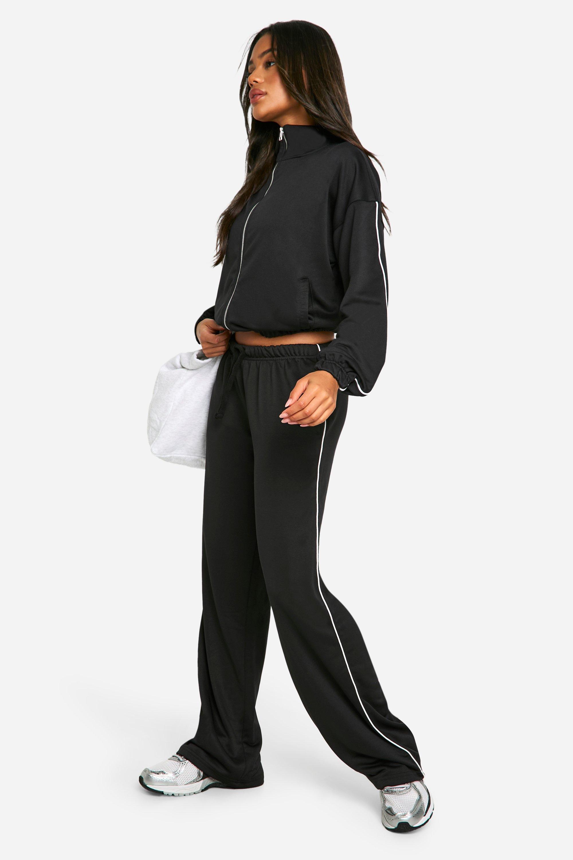 Image of Pantaloni tuta dritti a vita bassa in tricot con cordoncino, Nero