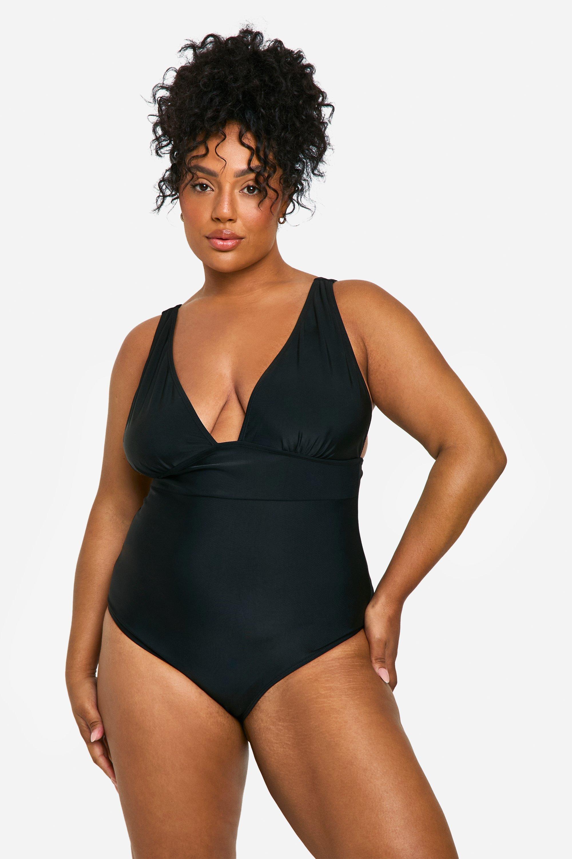 womens plus tummy control plunge swimsuit - black - 18, black