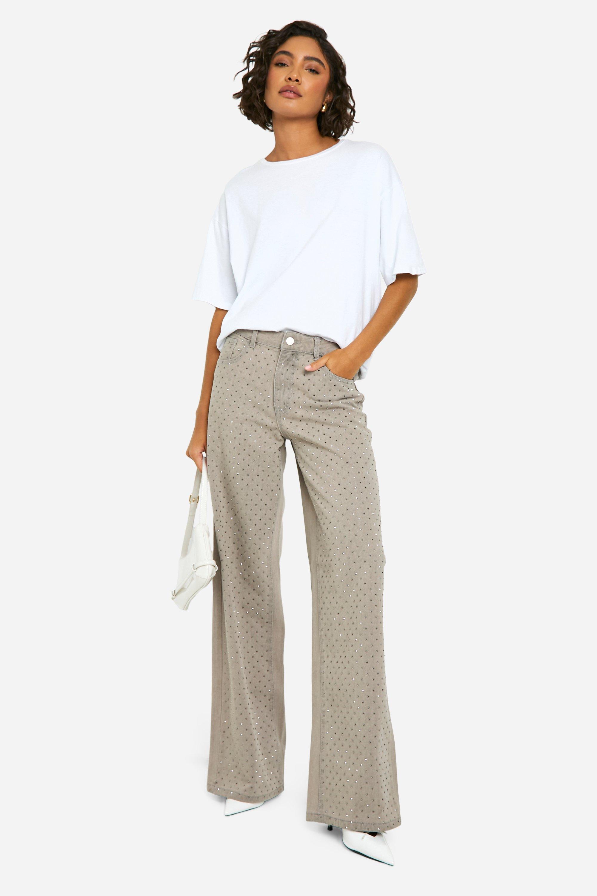 Boohoo Tall Versierde Wide Leg Jeans Met Steentjes, Mid Grey