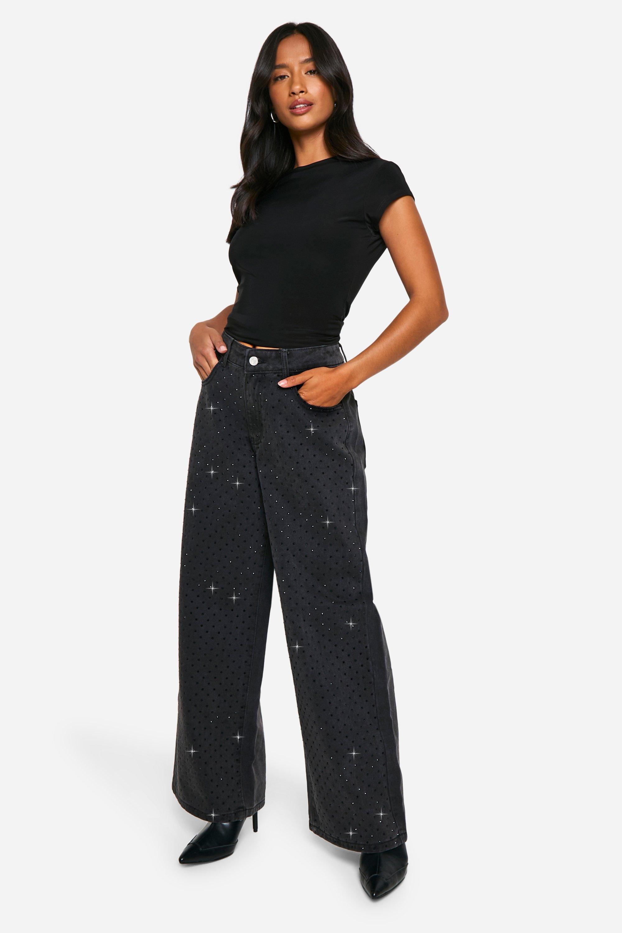 Boohoo Petite Versierde Wide Leg Jeans Met Steentjes, Black