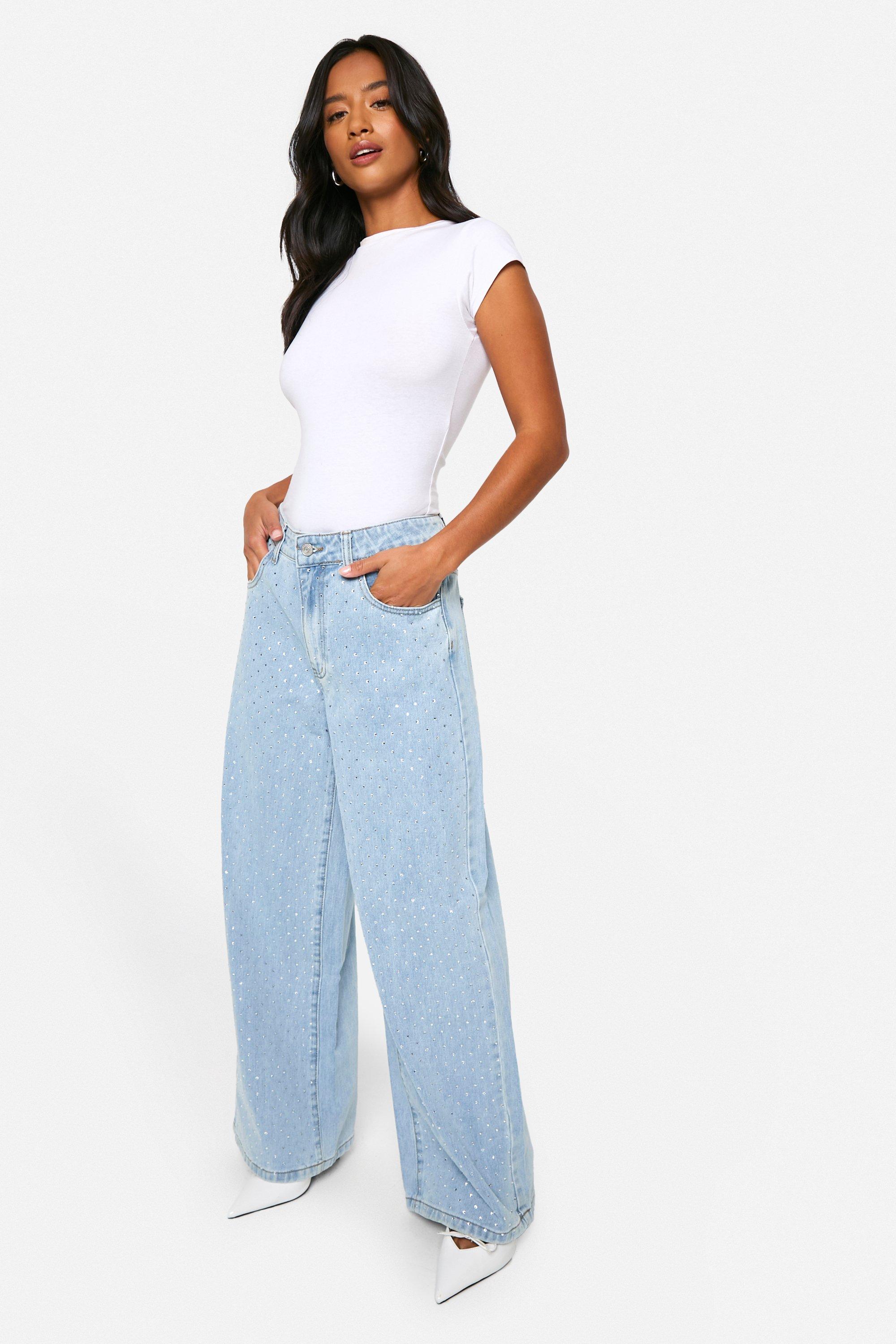 Boohoo Petite Versierde Wide Leg Jeans Met Steentjes, Pale Blue