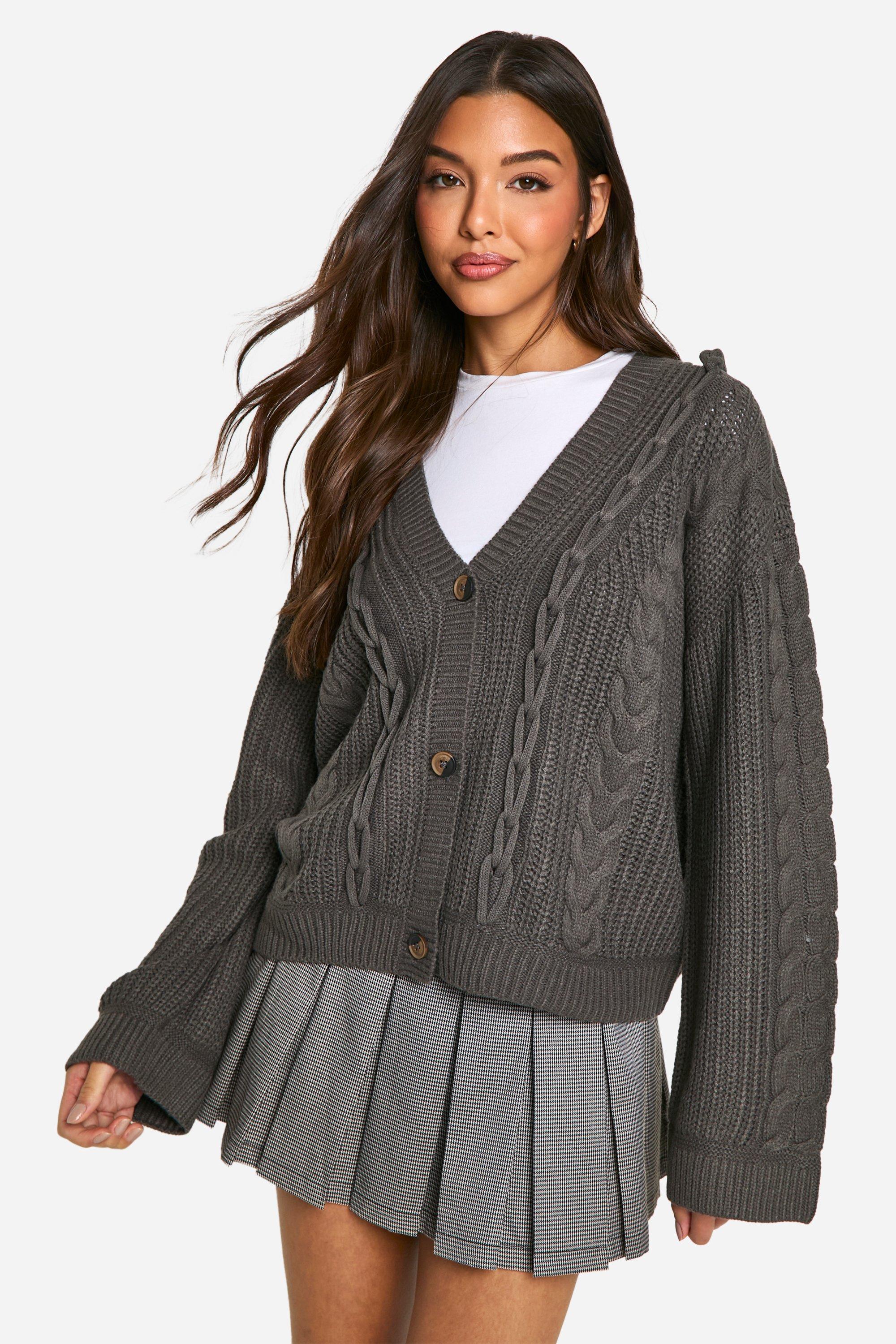 Boohoo Grof Gebreide Cardigan Met V-Hals, Charcoal