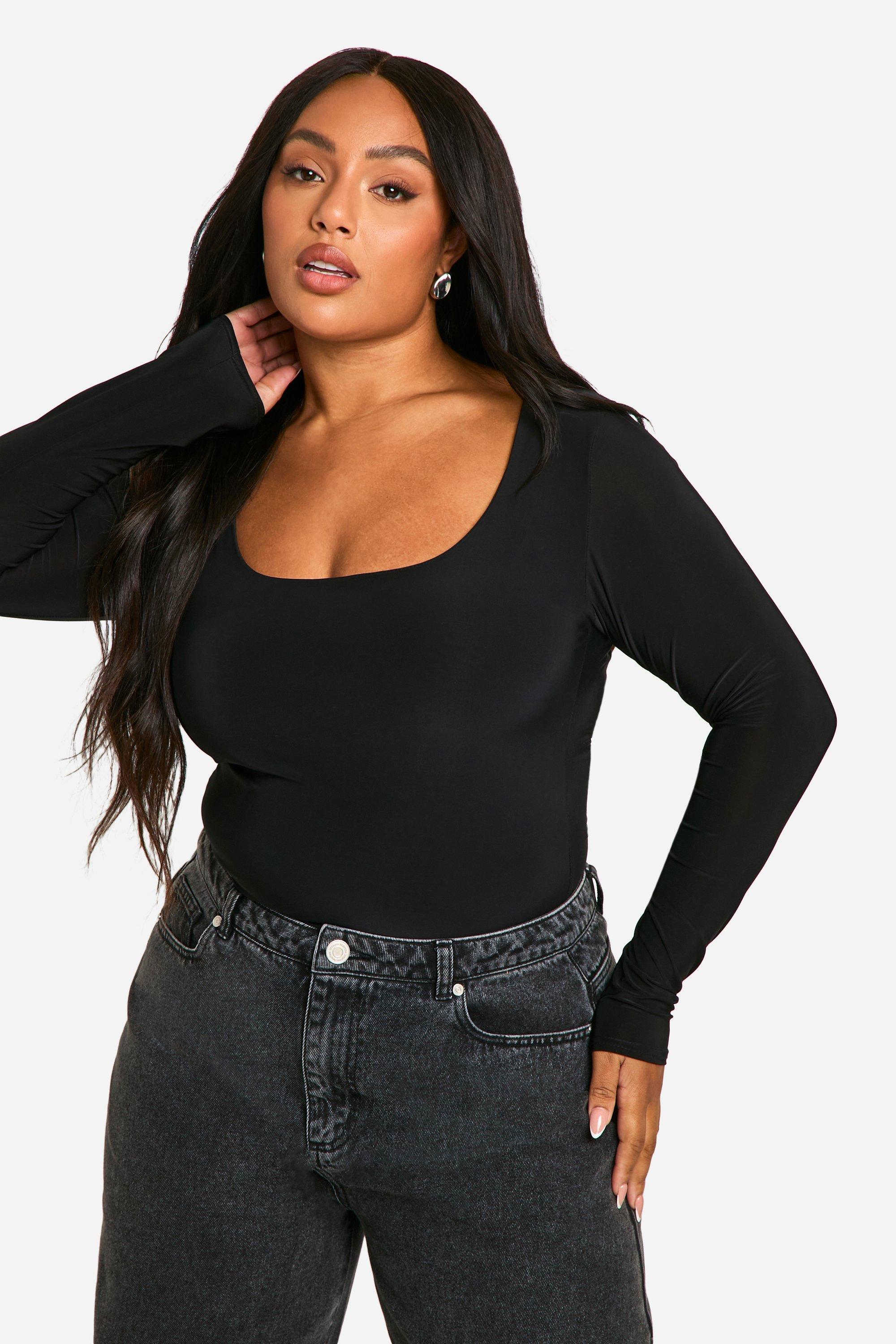 Image of Body Plus Size seducente su due livelli con scollo rotondo, Nero