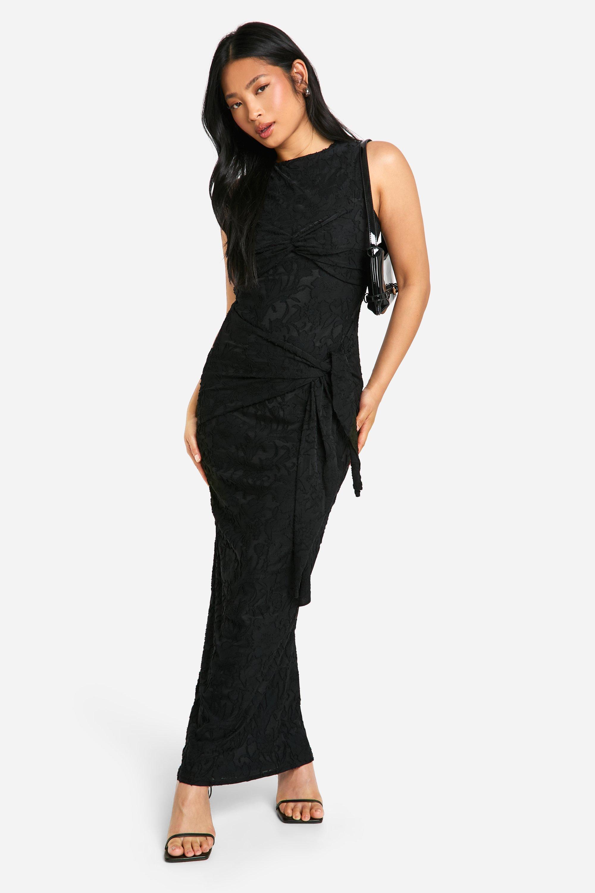 Boohoo Petite Gedraaide Burnout Bloemen Maxi Jurk Met Strik, Black