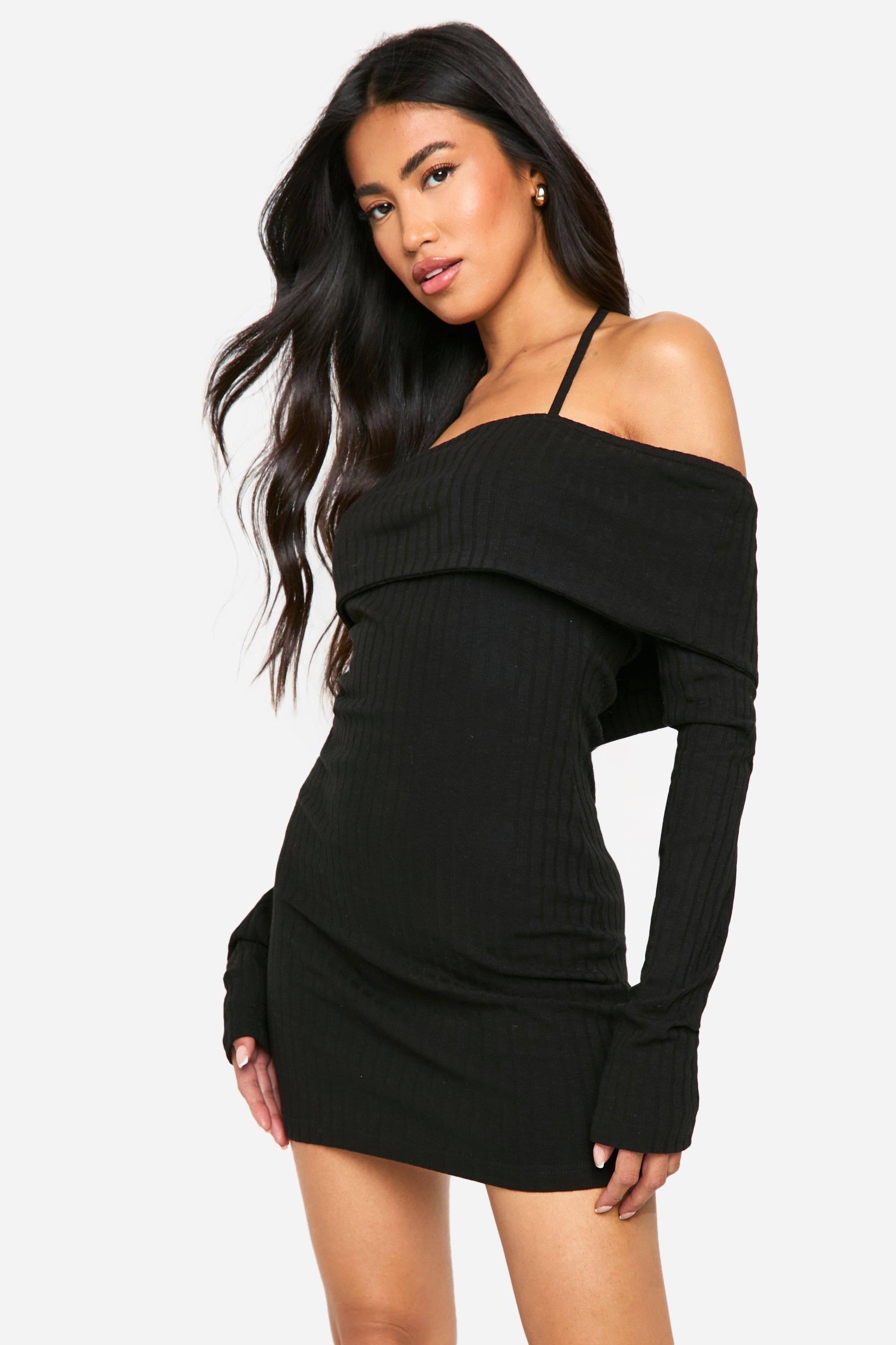 Boohoo Brede Geribbelde Mini Jurk Met Uitgesneden Hals En Strik, Black