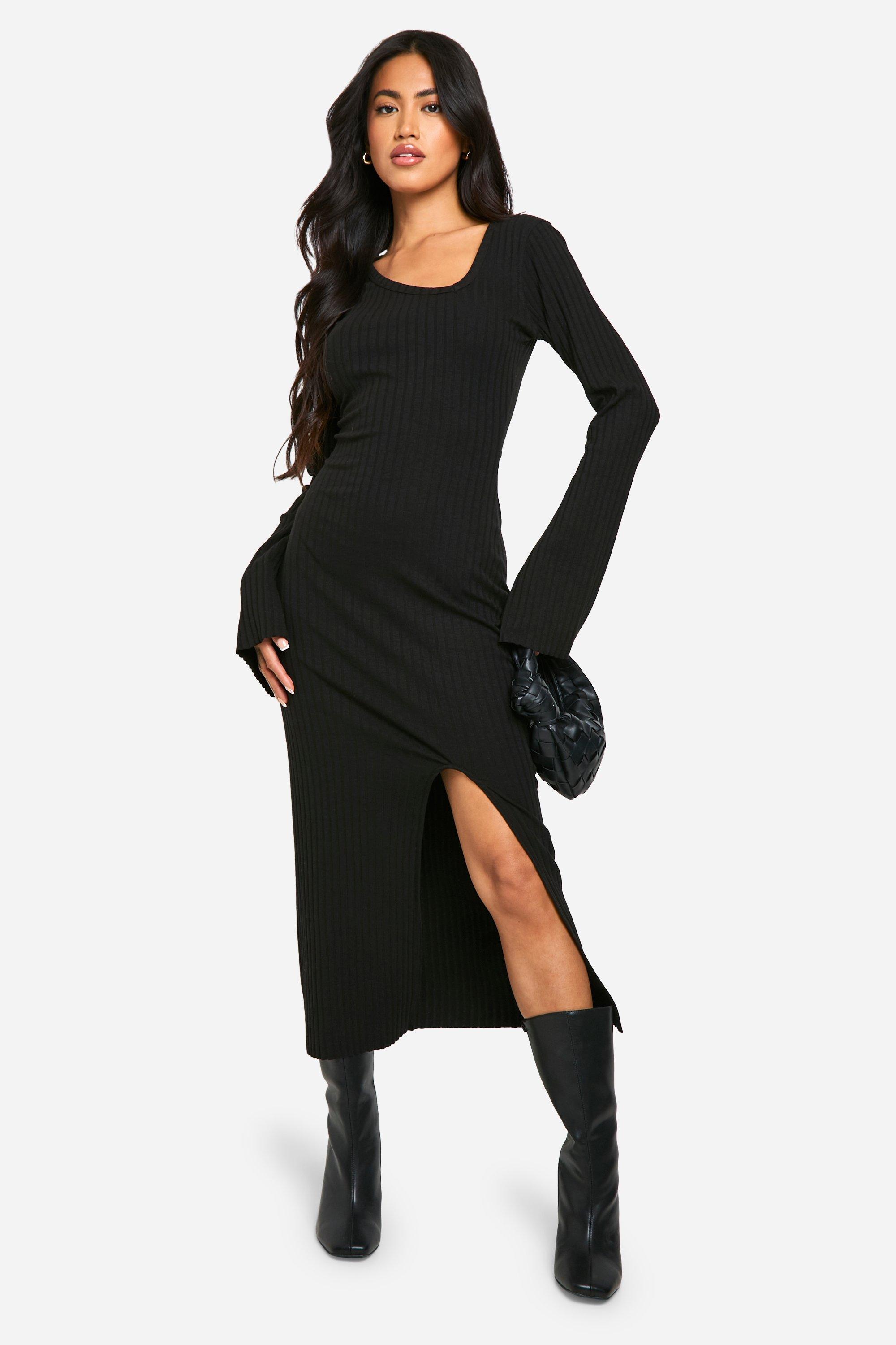 Robe Mi-Longue Asymétrique Côtelée - Noir - 44, Noir