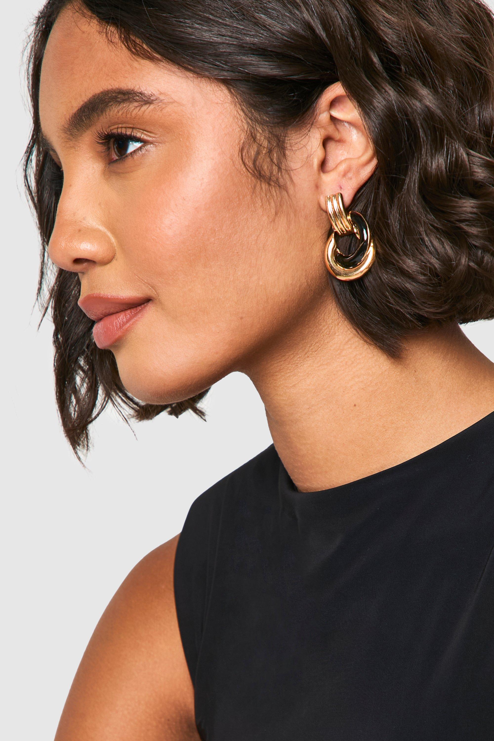 Womens Black Detail Double Hoop Earrings - Gold - One Size, Gold