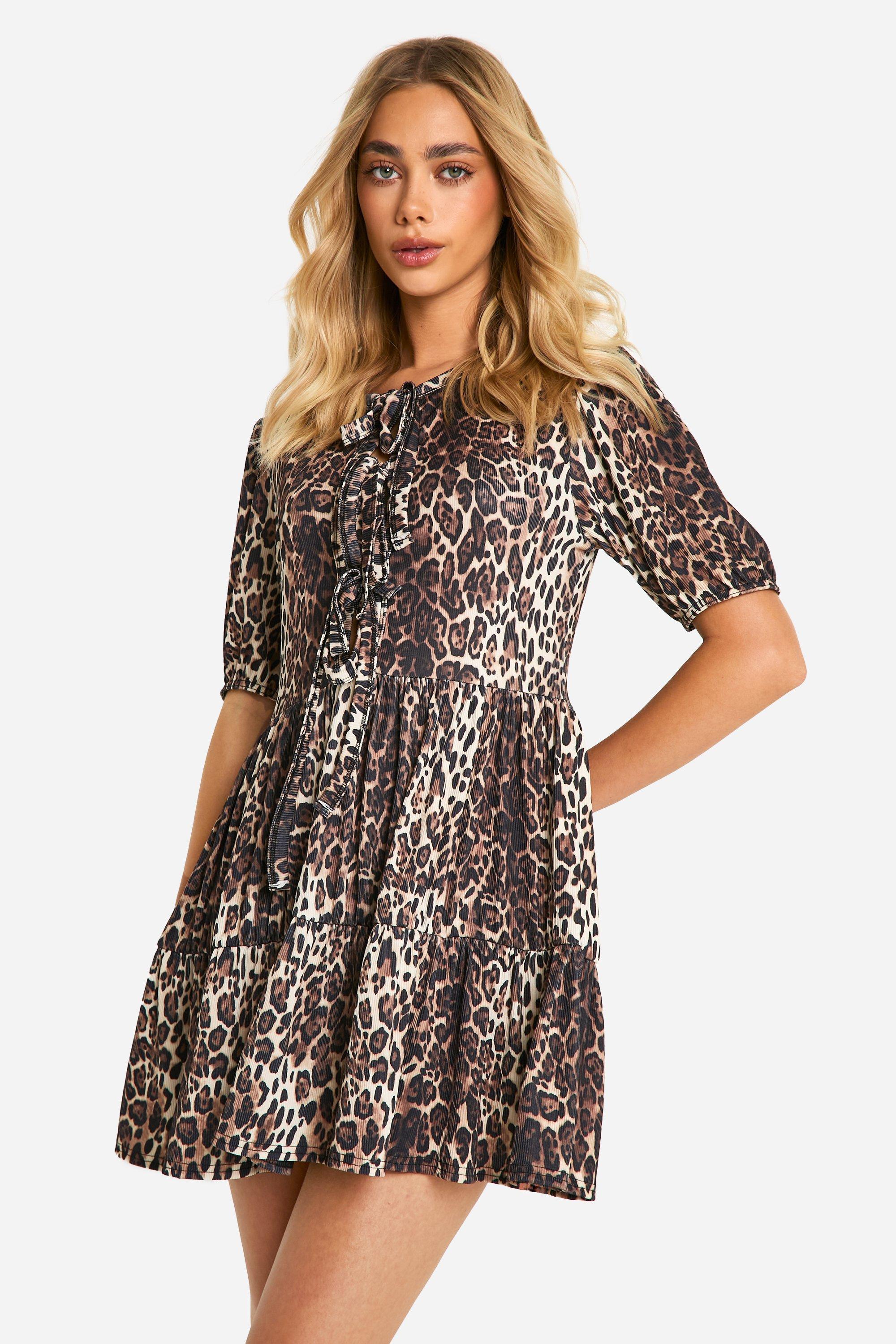 Robe Babydoll Nouée À Imprimé Léopard - Marron - 34, Marron