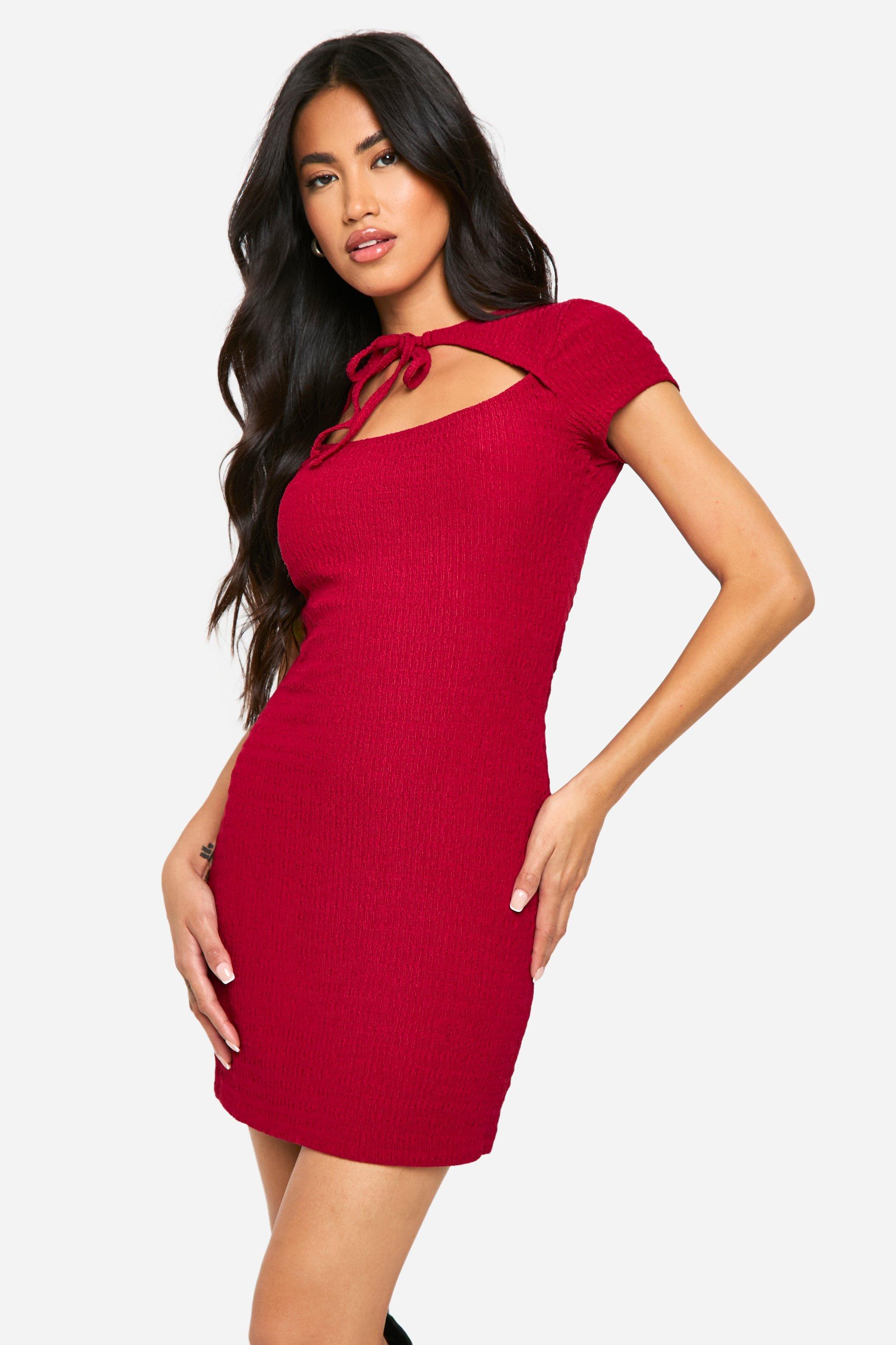 Boohoo Textured Tie Front Mini Dress, Cherry