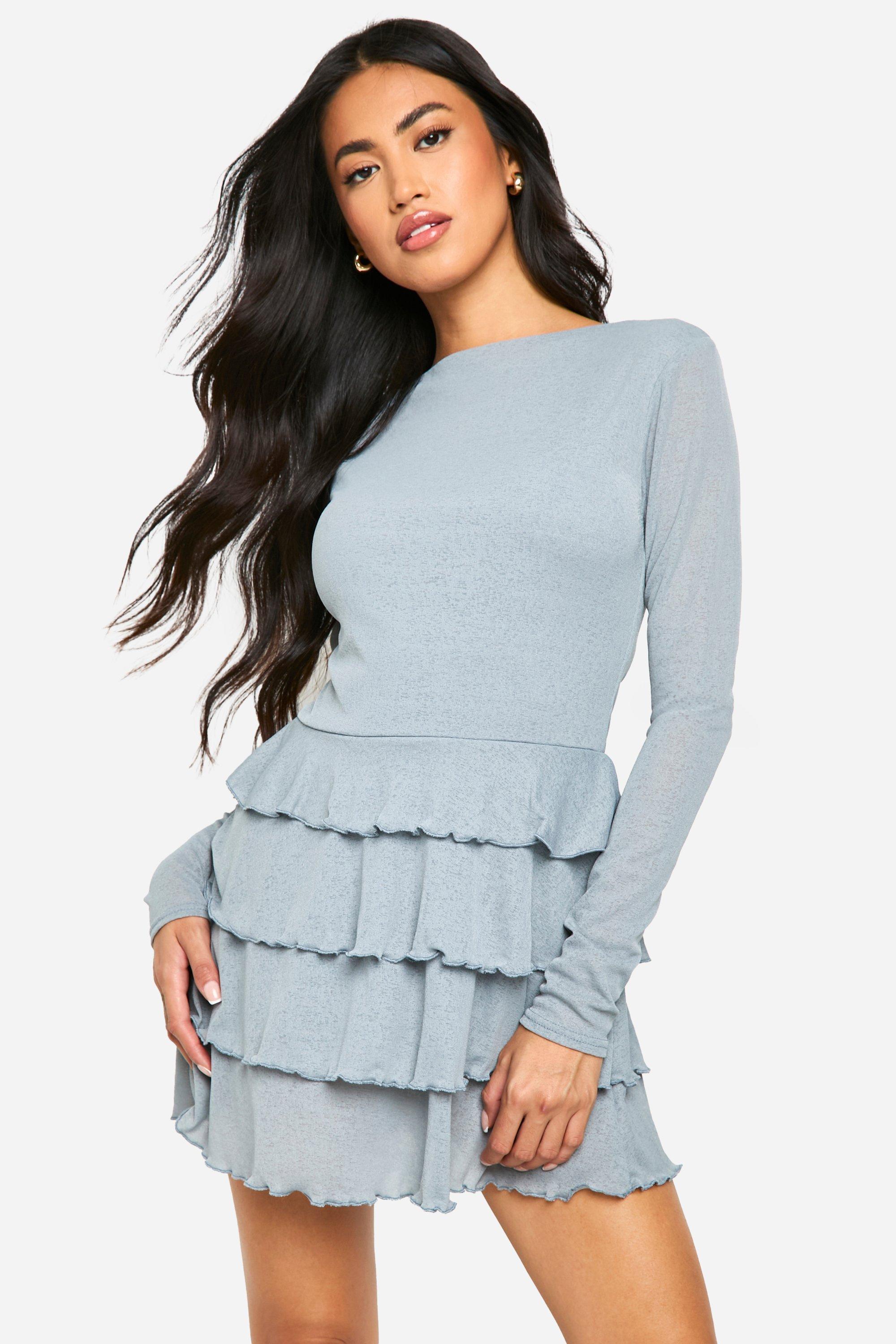 Boohoo Ruffle Layered Hem Mini Dress, Grey