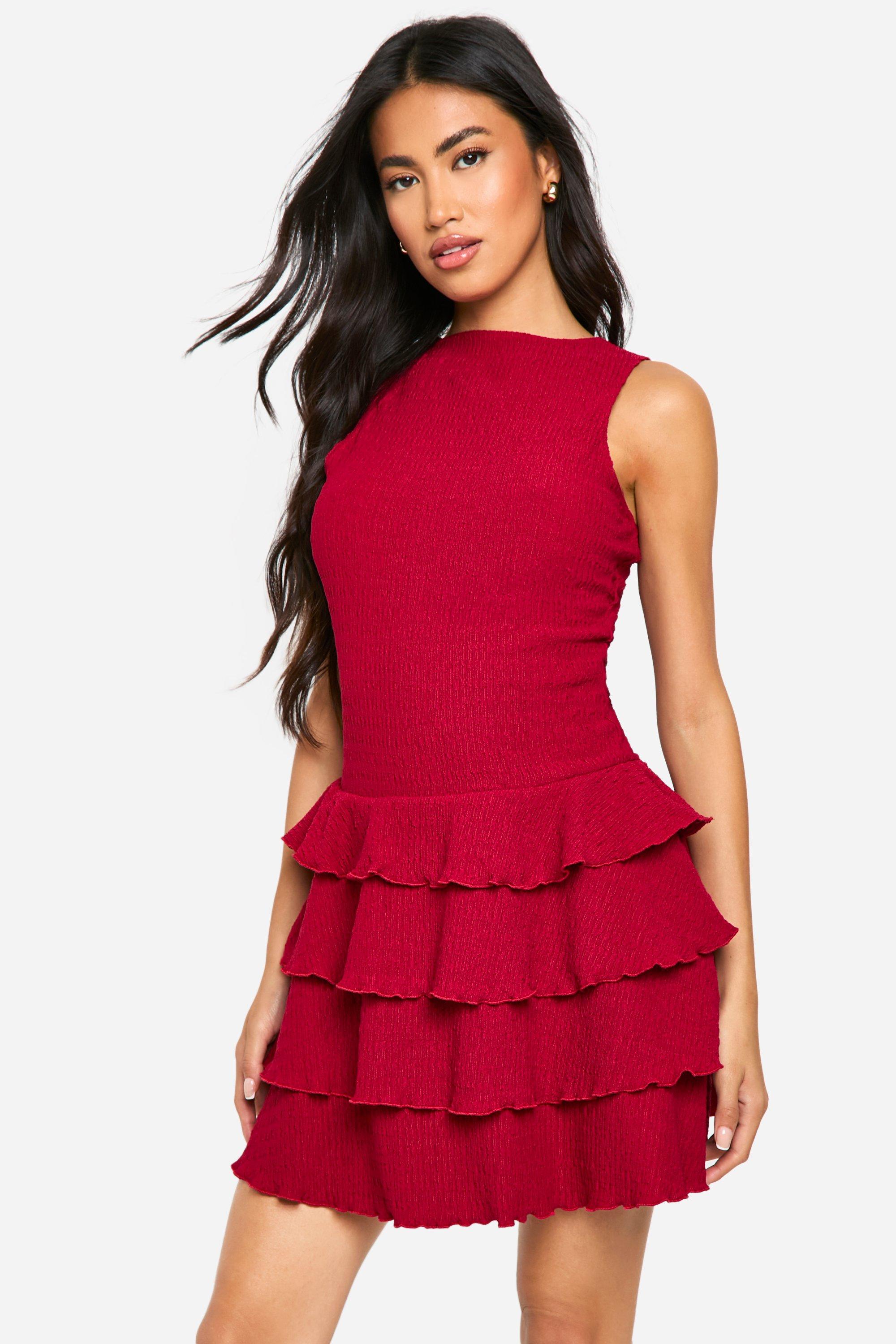 Boohoo Textured Ruffle Layered Hem Racer Neck Mini Dress, Cherry