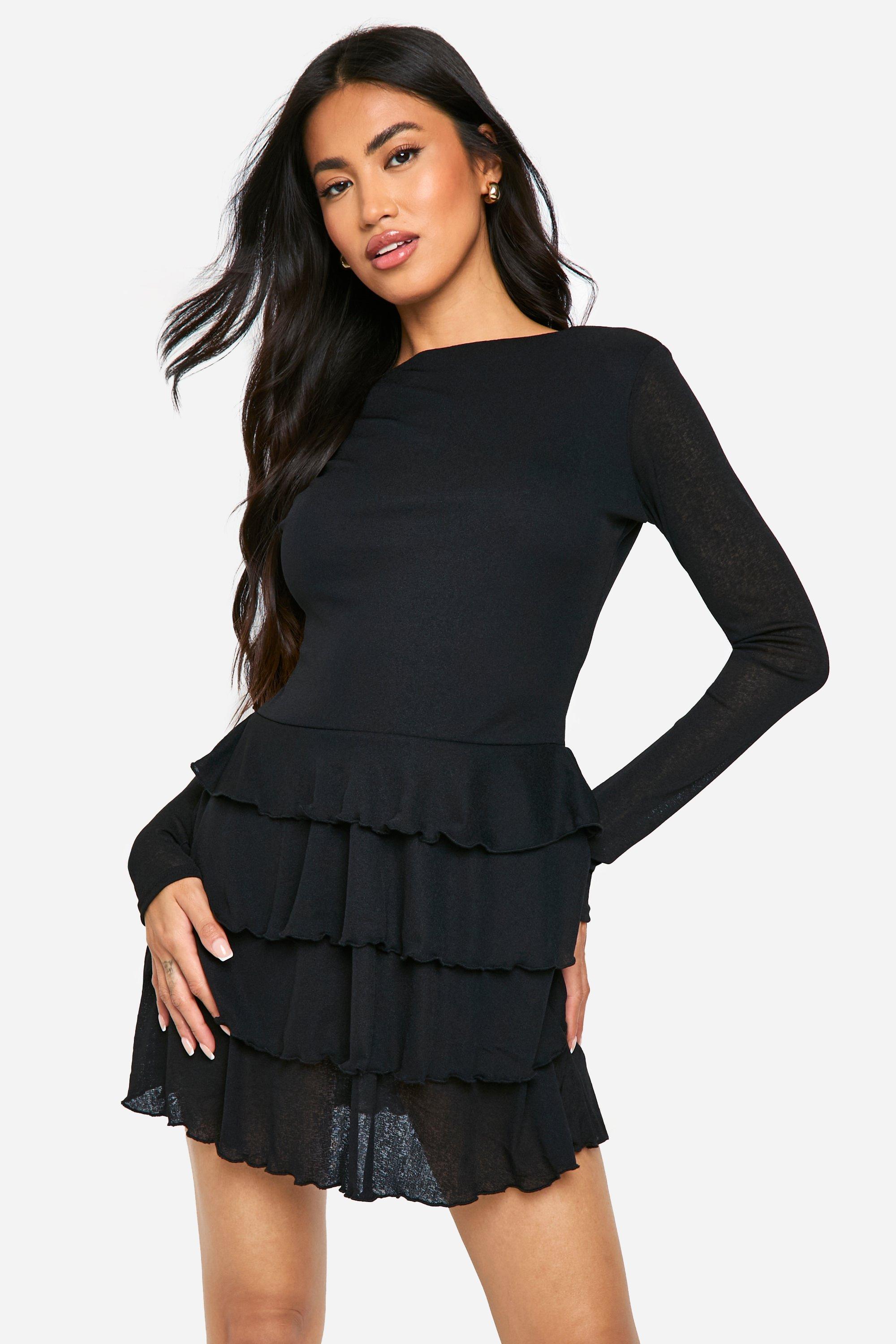 Robe Courte À Volants Et Manches Longues - Noir - 44, Noir