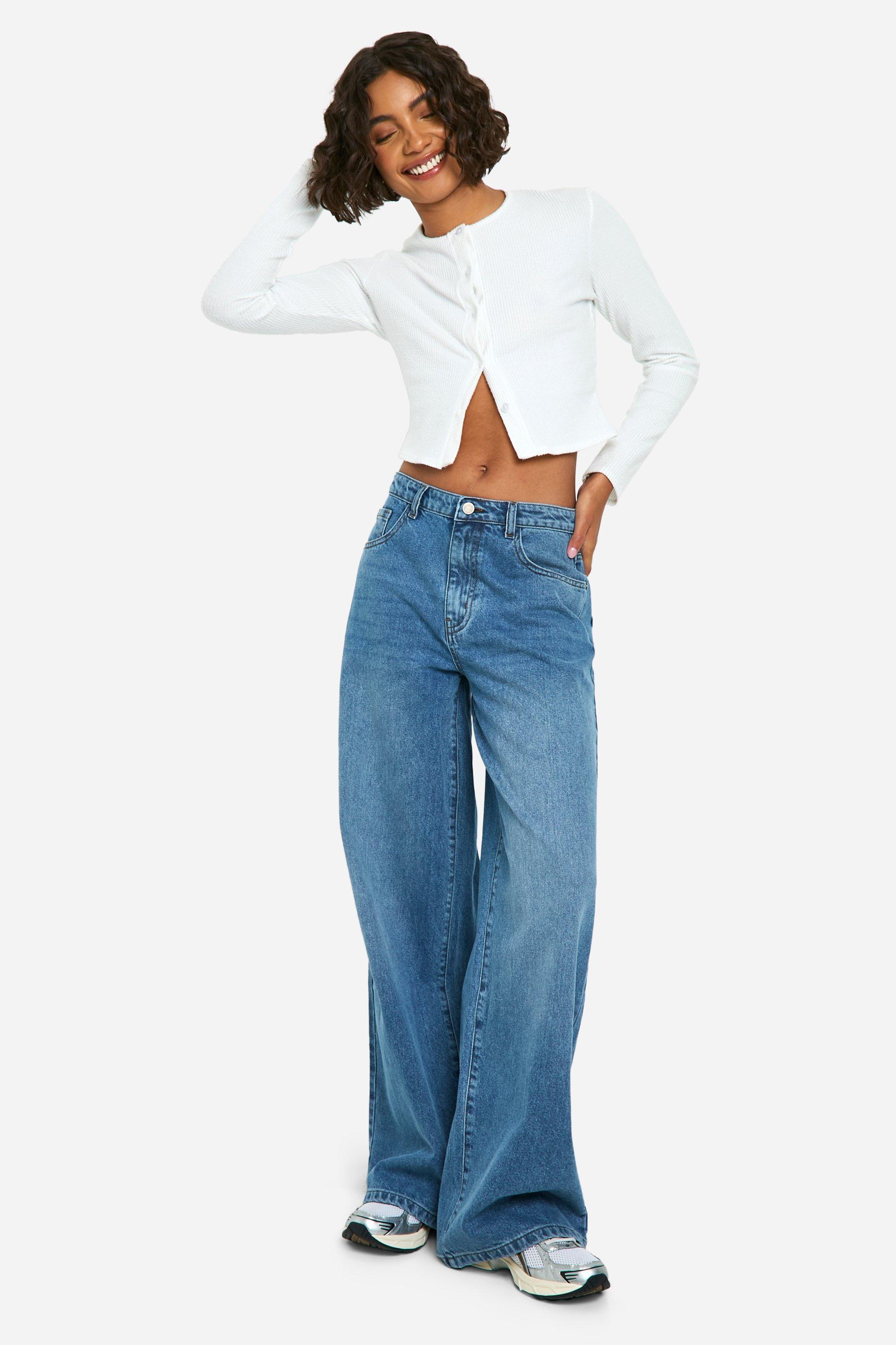 Boohoo The Tall Mid Rise Wide Leg Jeans, Blue