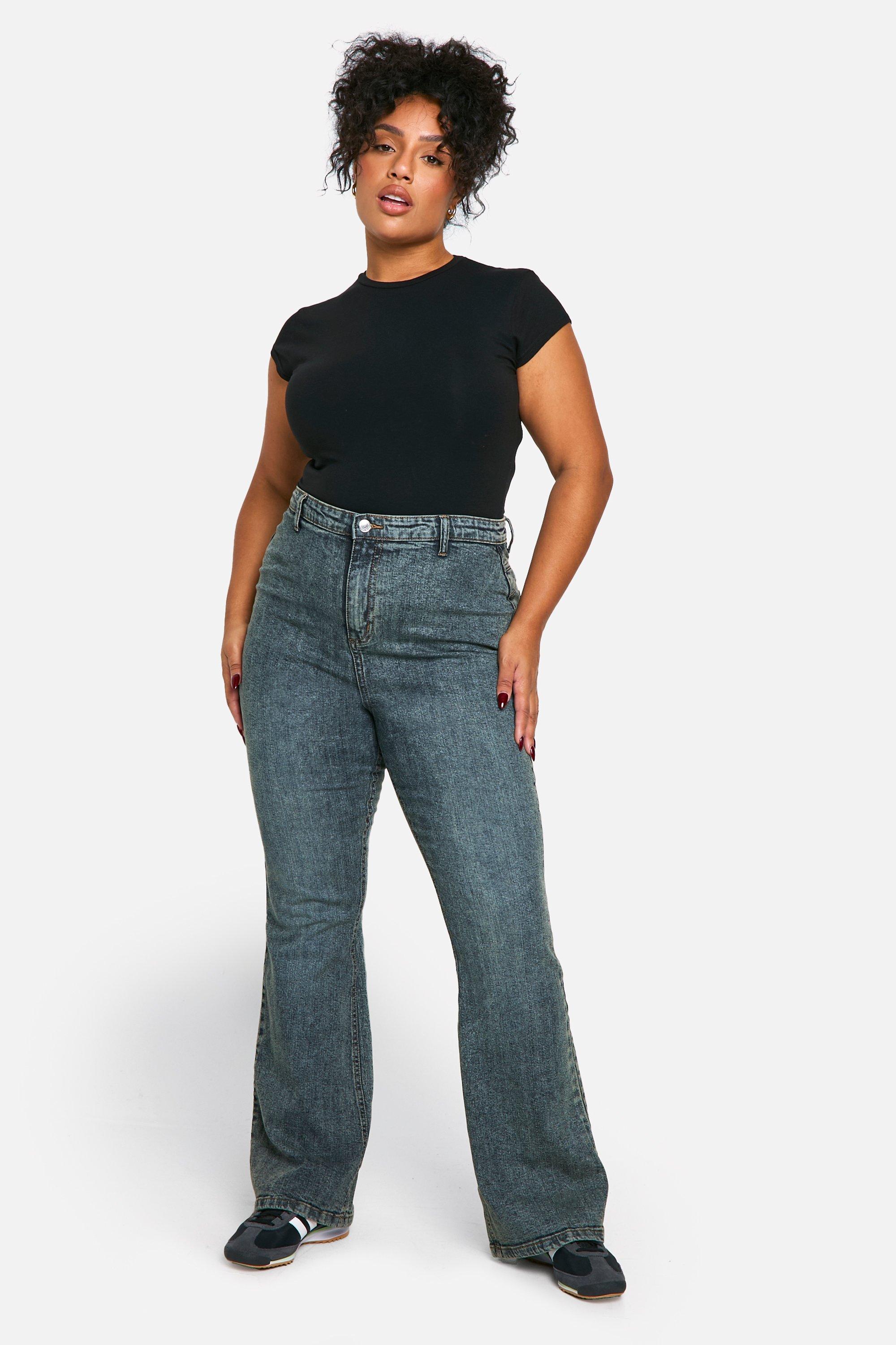 Boohoo Plus Flared Booty Boost High Rise Jeans, Vintage Wash