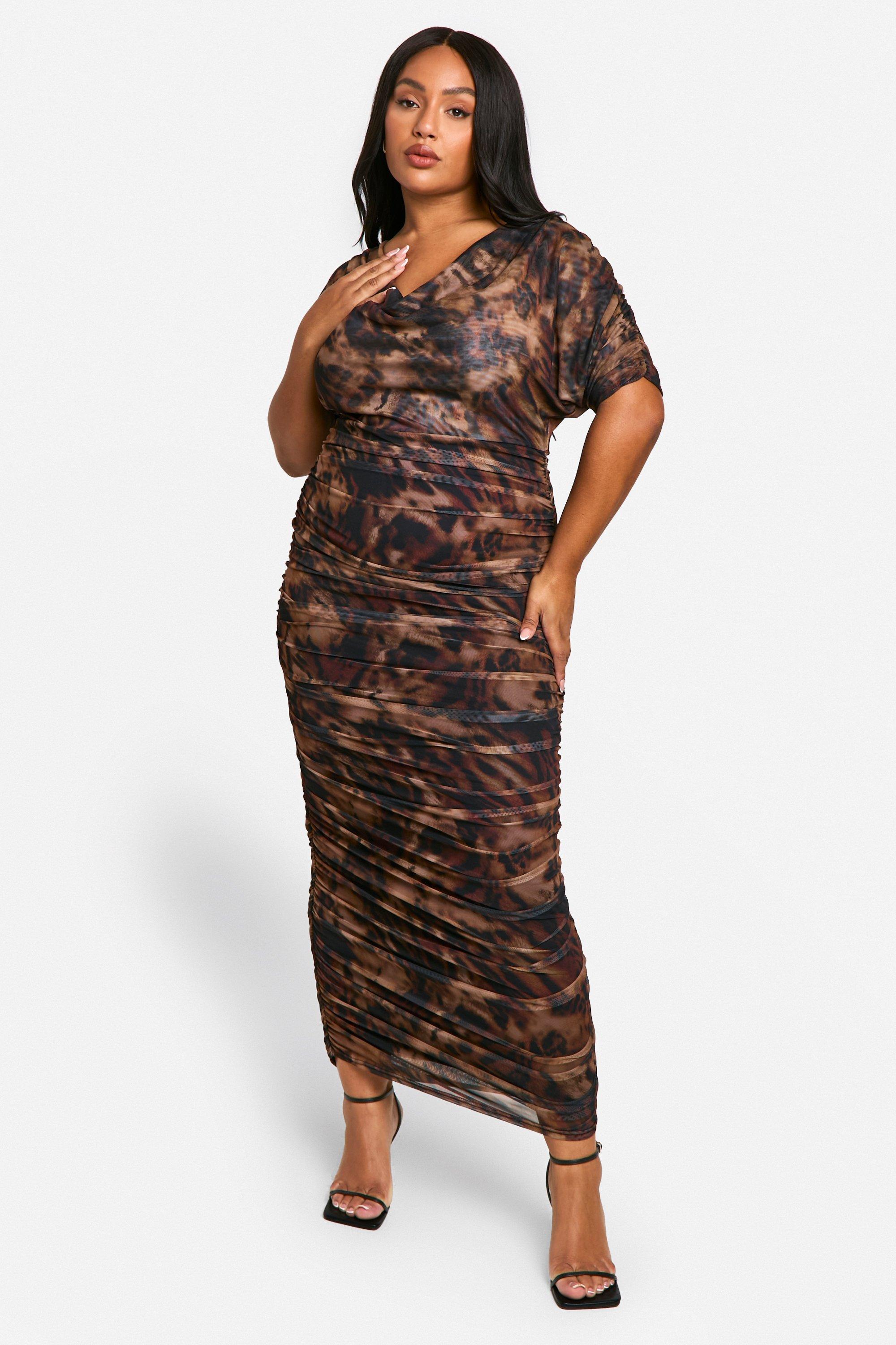 Boohoo Plus Abstract Printed Cowl Neck Ruched Midaxi Dress, Brown