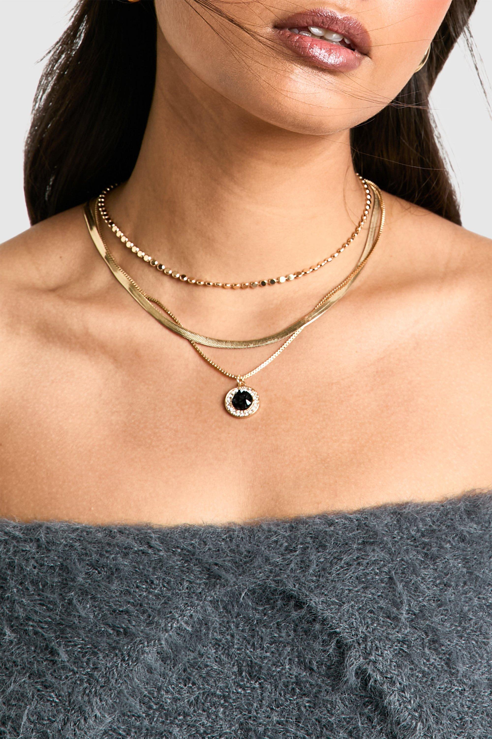 Womens Black Diamante Pendant Layered Necklace - Gold - One Size, Gold