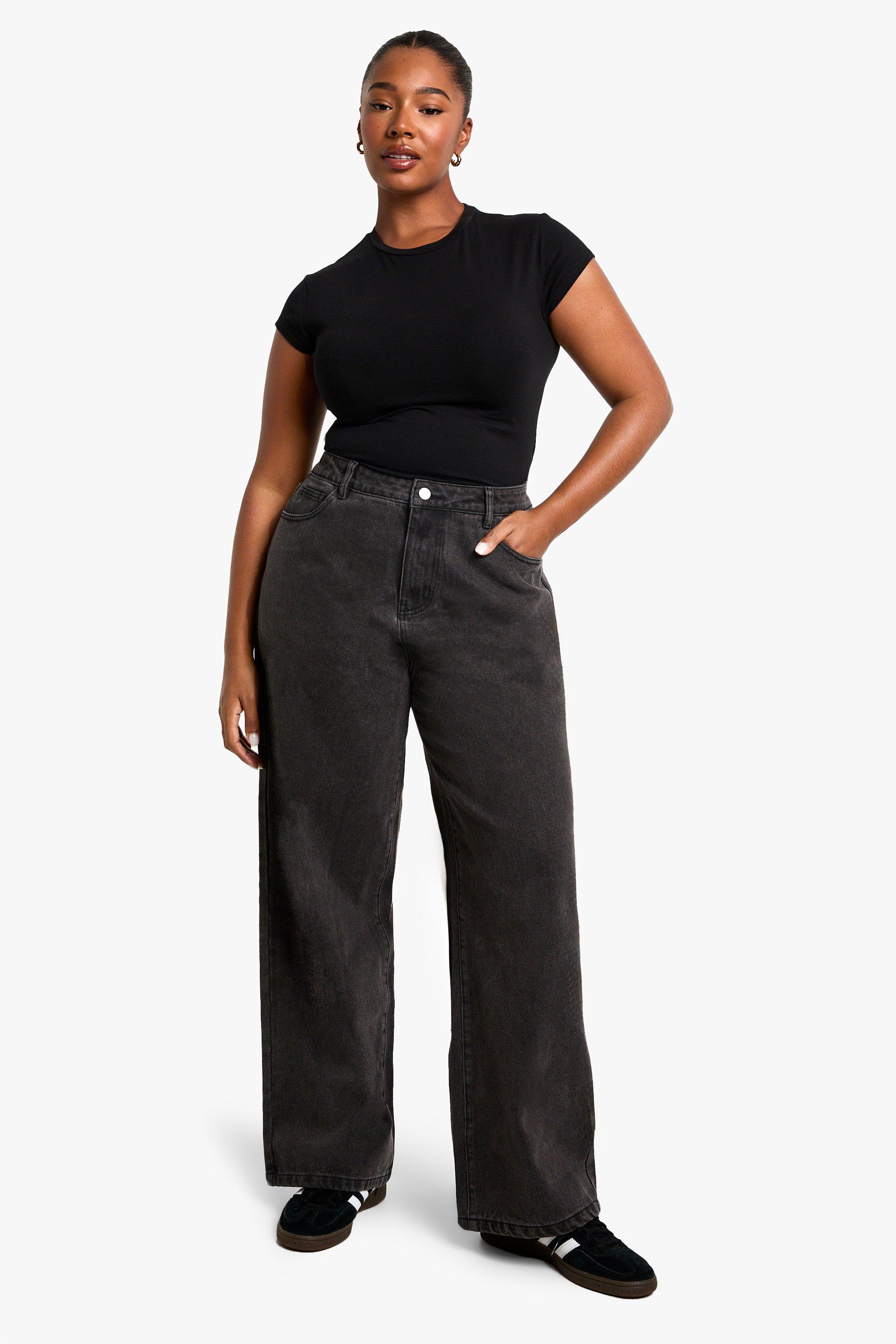 Boohoo Plus Basic High Waist Boyfriend Jeans, Washed Black