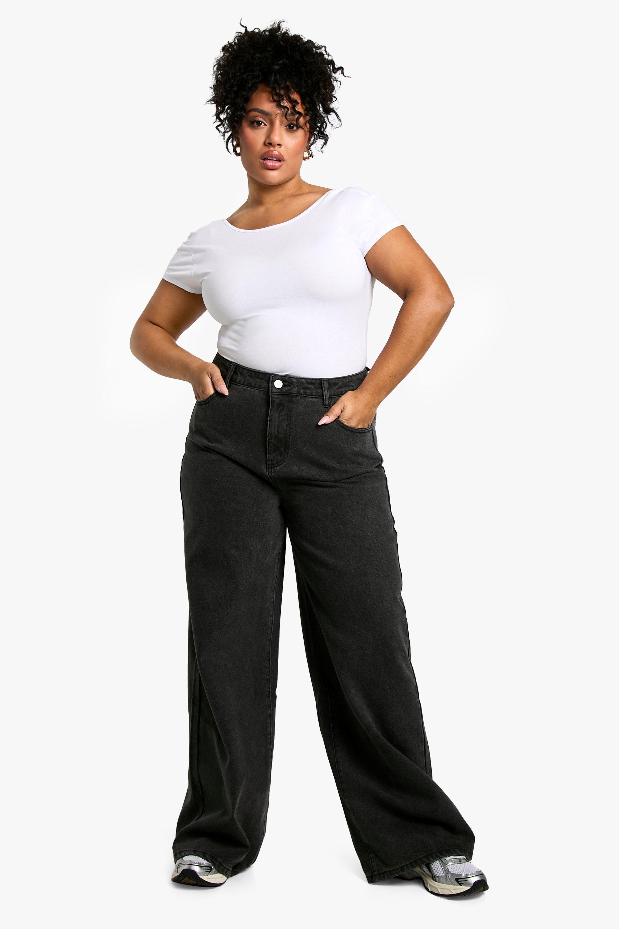 Boohoo Plus Basic High Waist Super Wide Leg Jeans, Washed Black