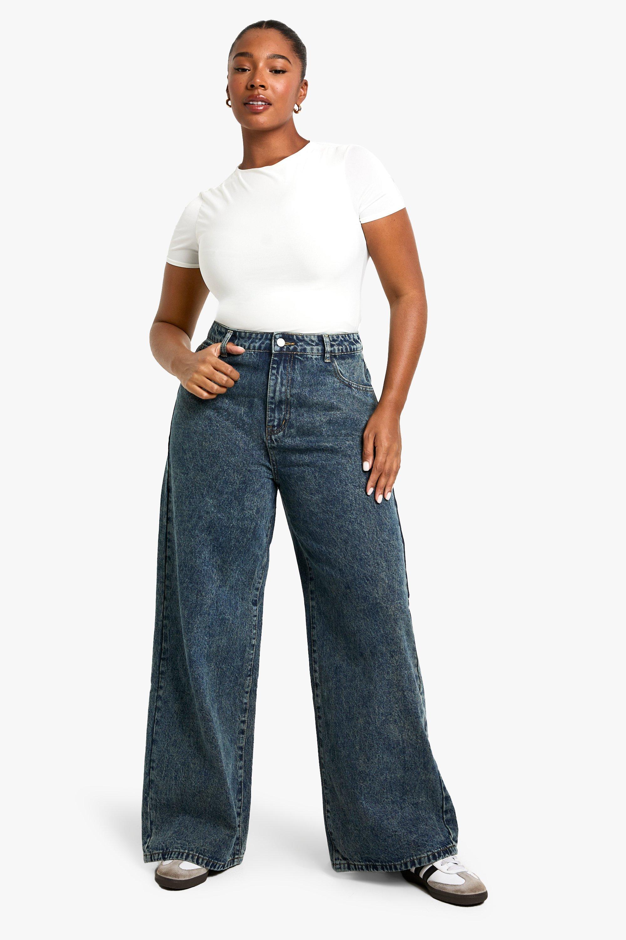 Boohoo Plus Basic High Waist Super Wide Leg Jeans, Vintage Wash