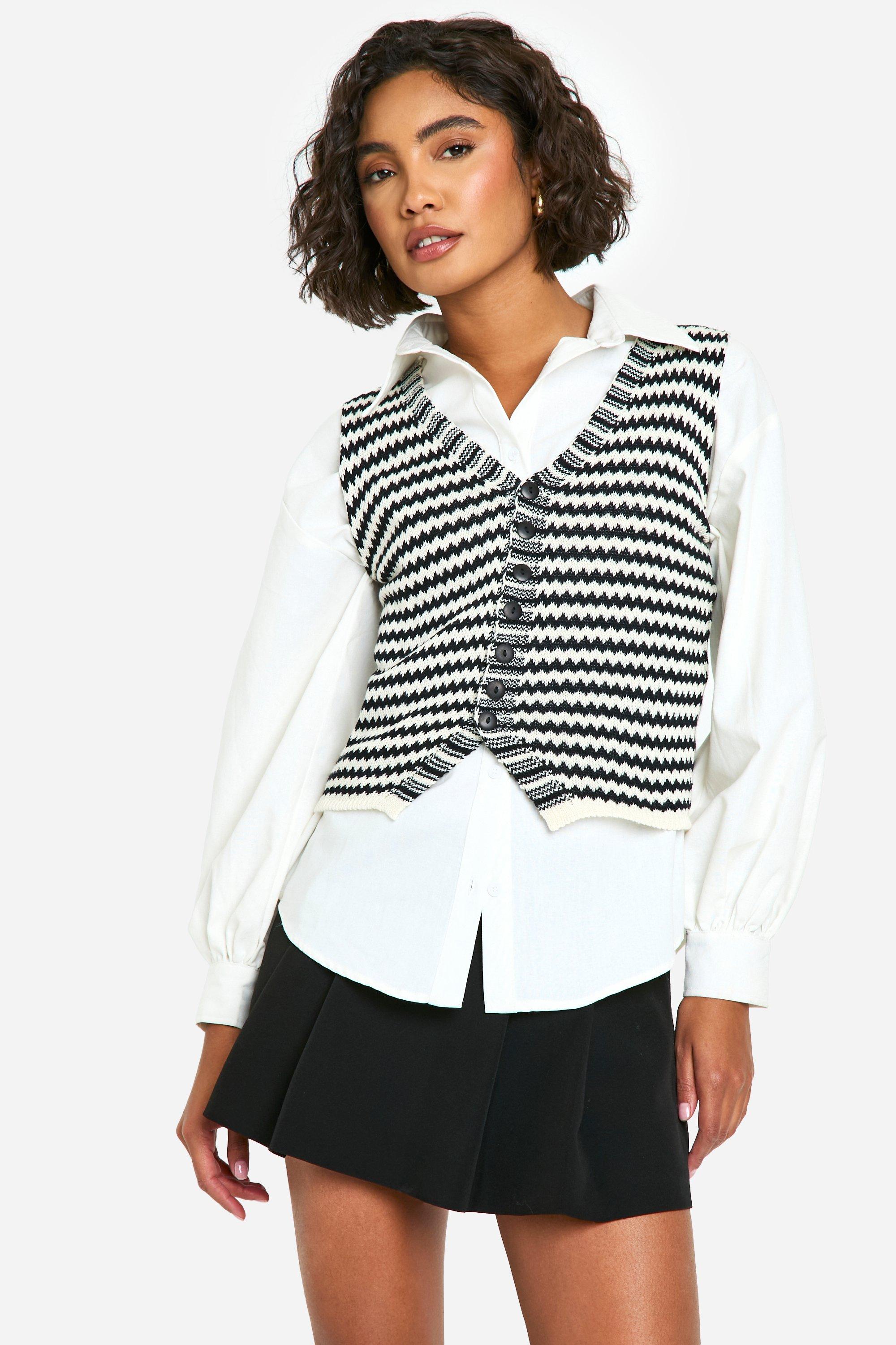 Womens Tall Mono Stripe Knitted Waistcoat - Black & White - 18, Black & White