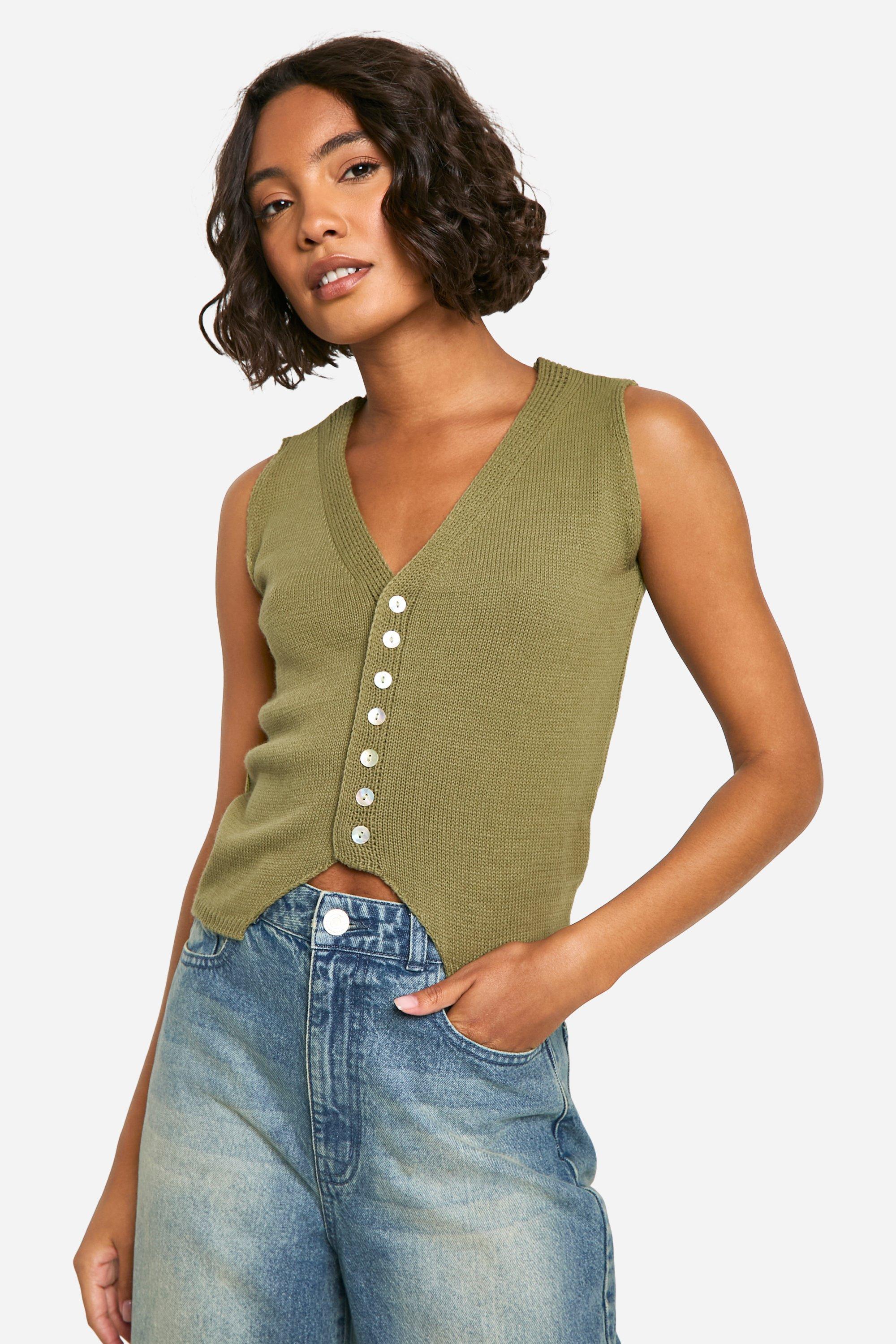 Womens Tall Knitted Rib Waistcoat - Green - 16, Green