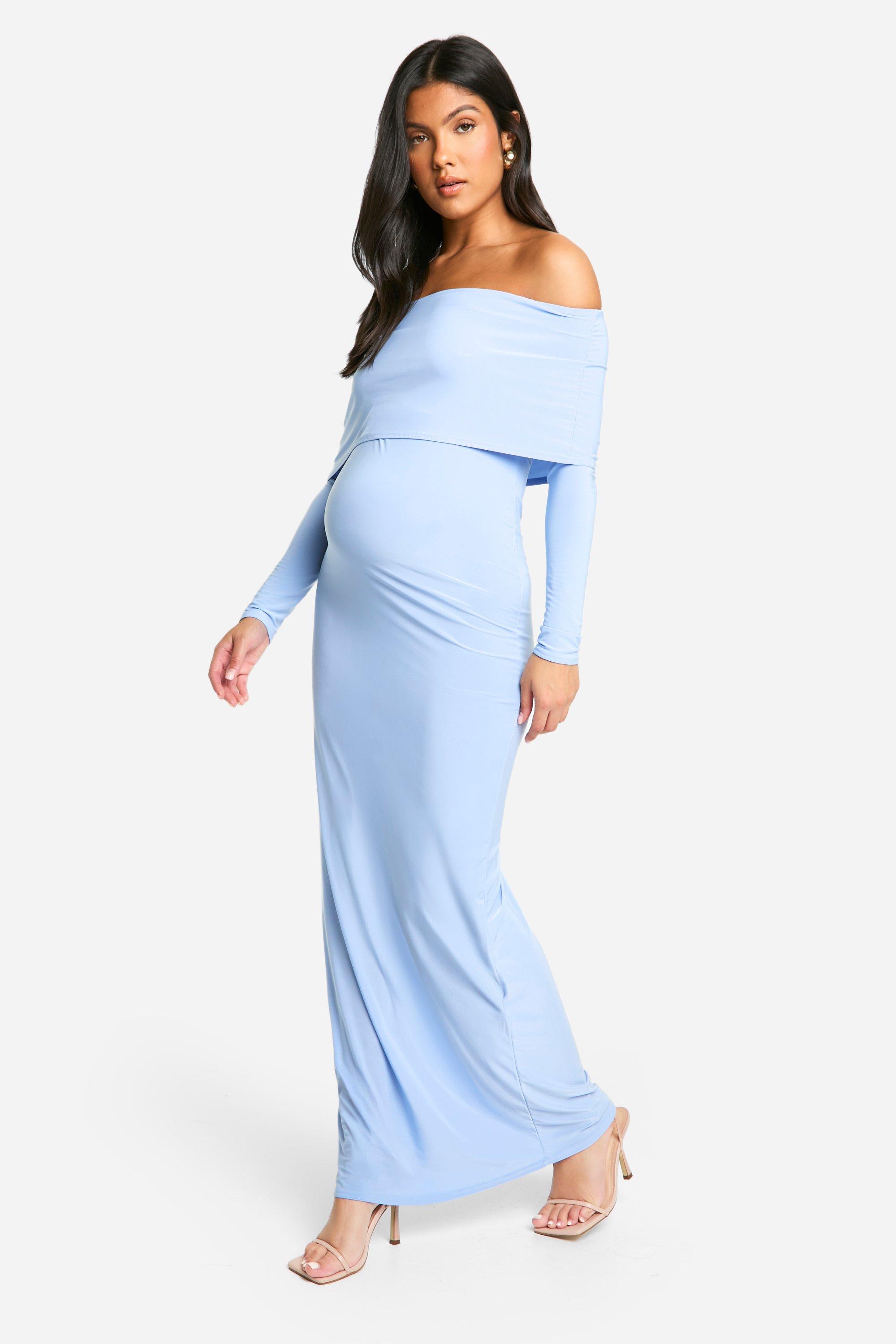 Boohoo Zwangerschap Strakke Off Shoulder Maxi Jurk Met Lange Mouwen, Dusty Blue