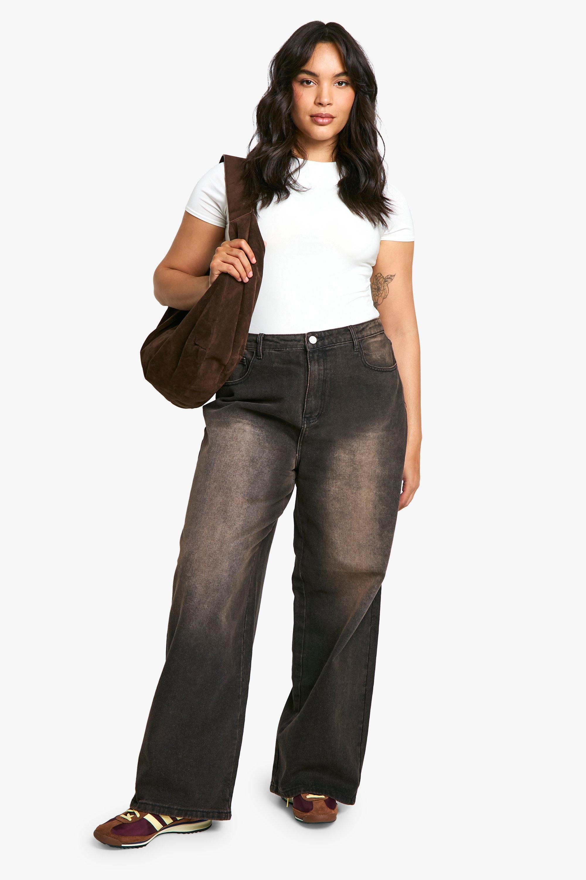 Boohoo Plus Donkerbruine Gebleekte Wide Leg Jeans, Choc Brown