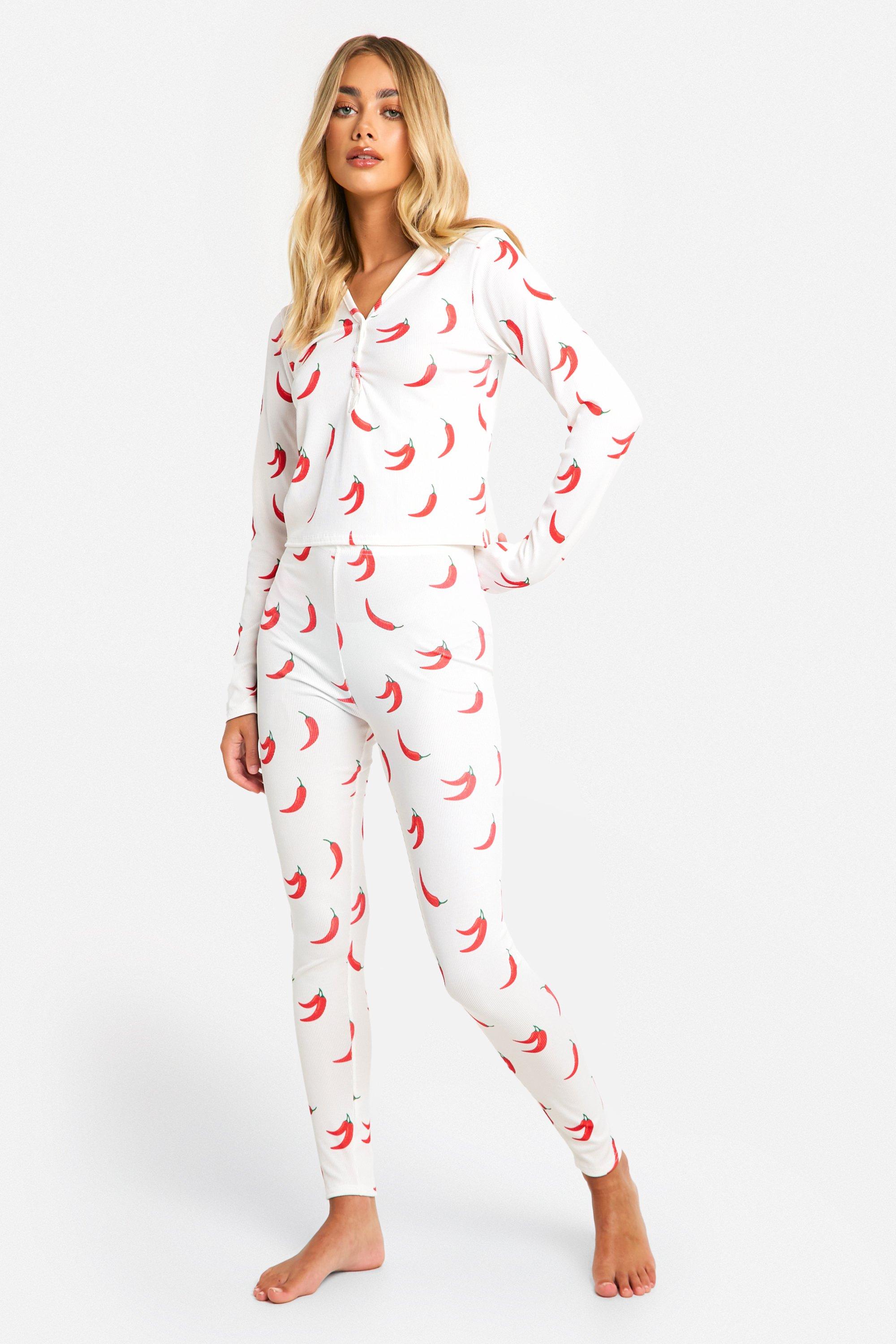 Womens Chilli Print Ribbed Leggings Pyjama Set - White - 10, White