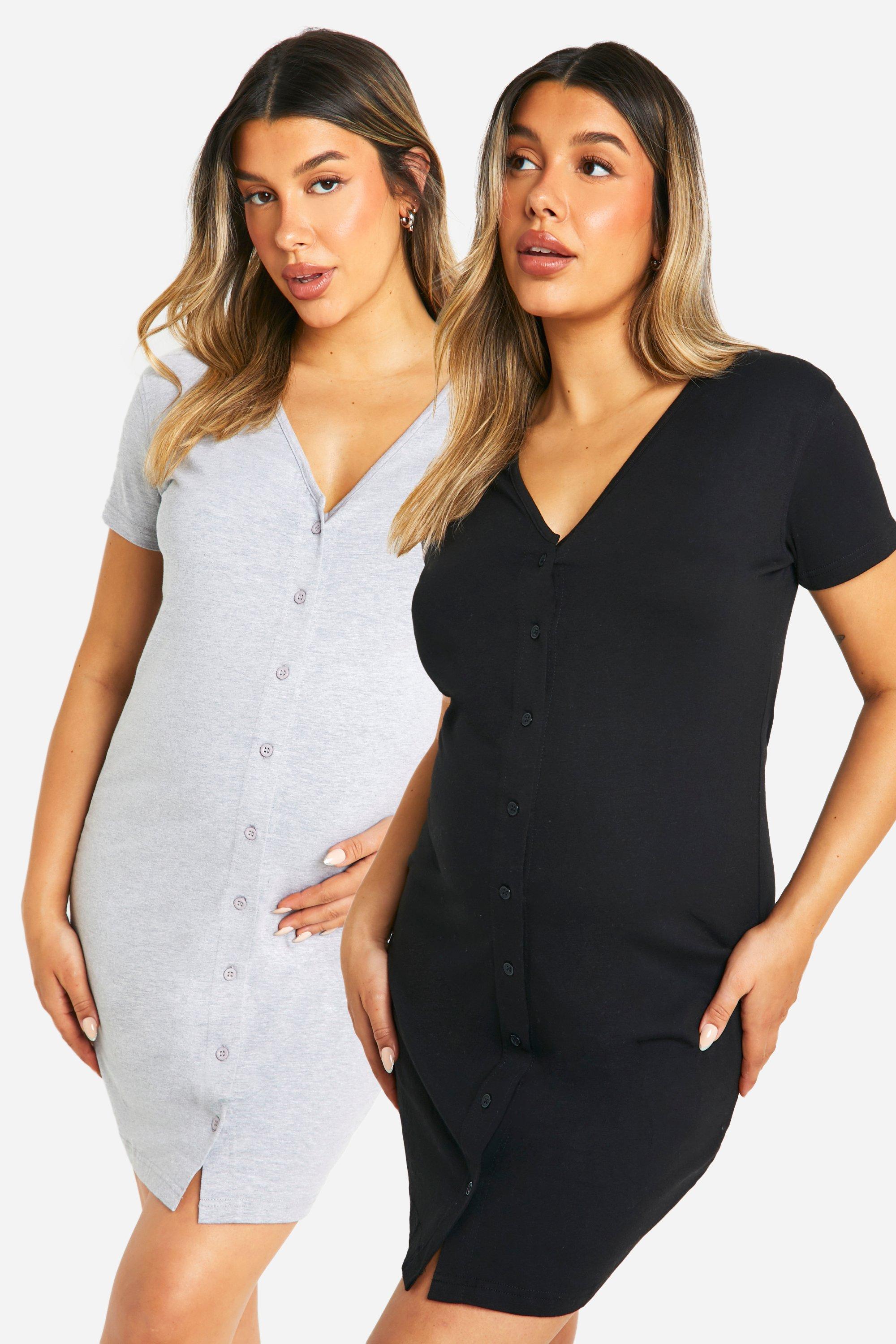 Womens Maternity 2 Pack Button Front Nightie - Black - 16, Black