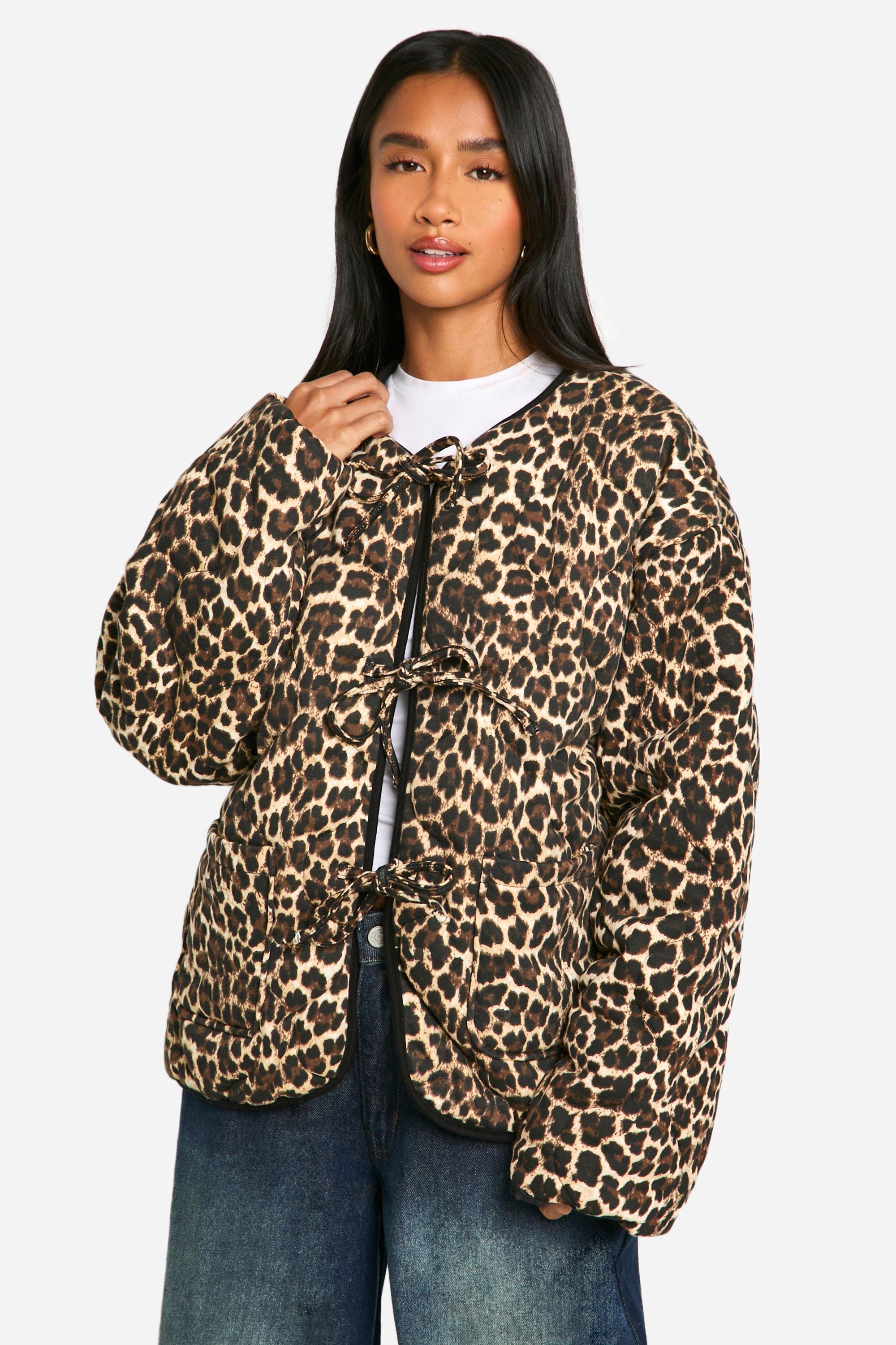 Womens Petite Leopard Tie Detail Padded Jacket - Multi - 14, Multi