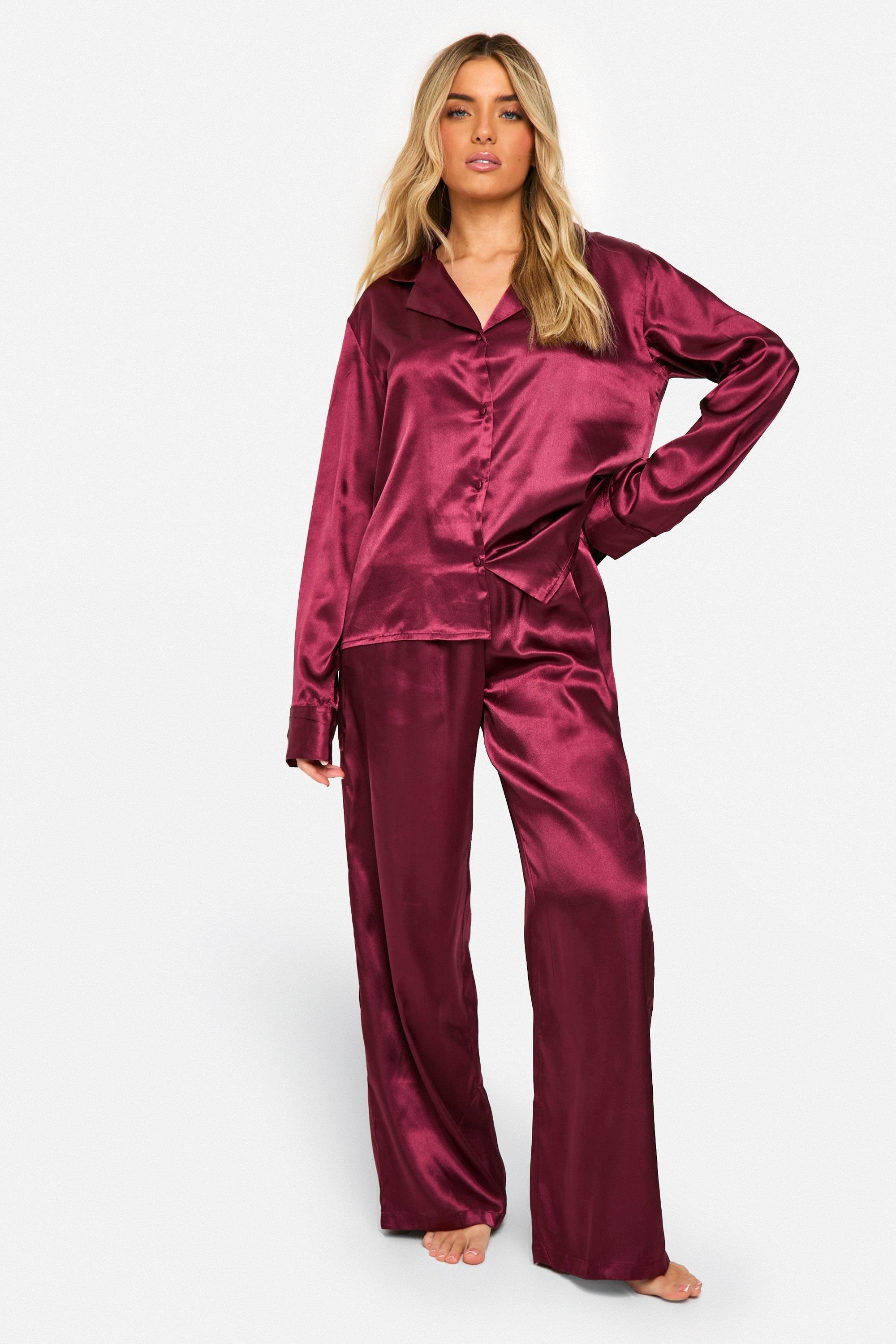 Womens Satin Button Through Shirt & Trouser Pyjama Set - Red - 12, Red