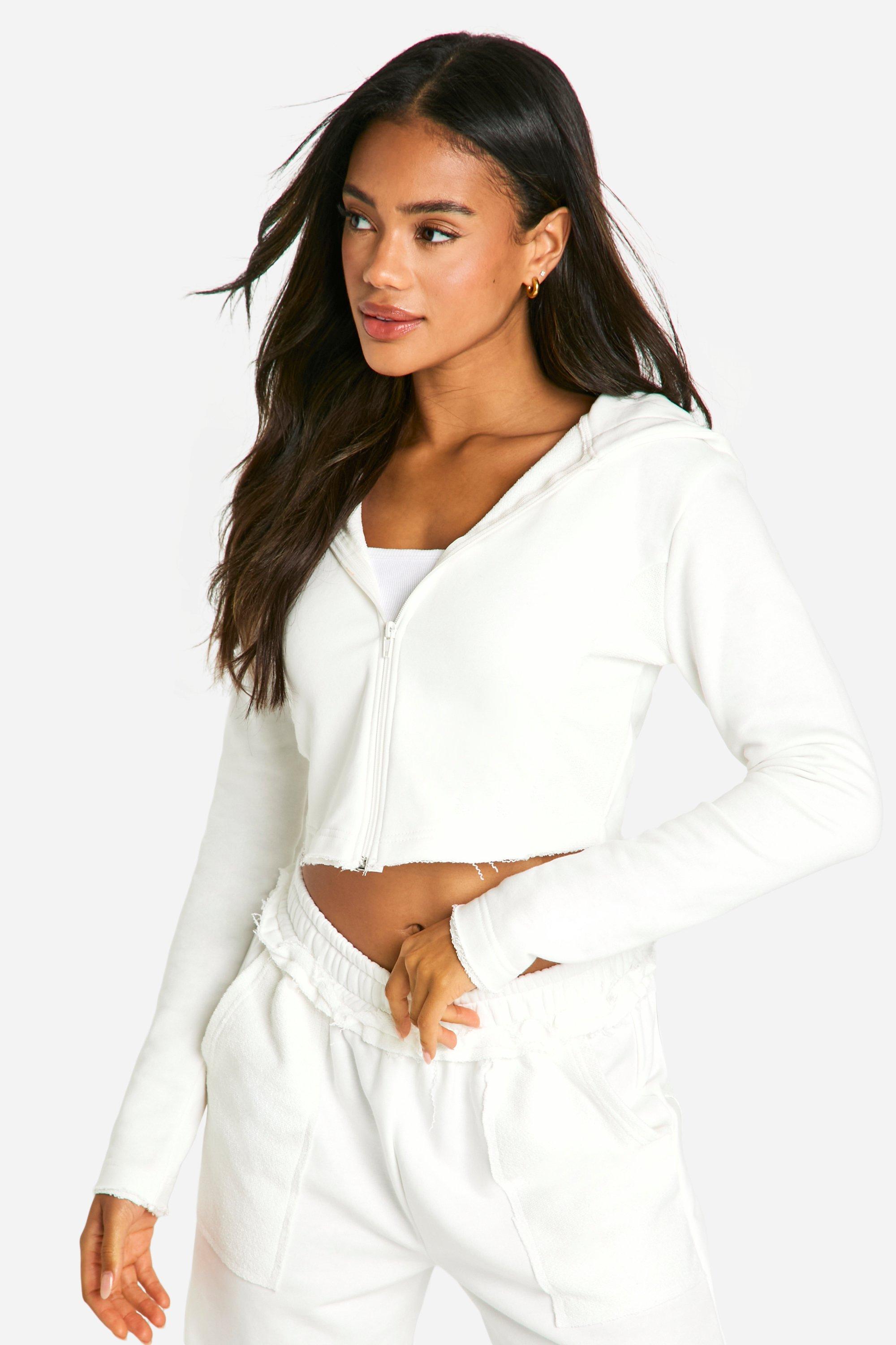 Womens Reverse Loopback Detail Shrunken Hoodie - White - Xl, White