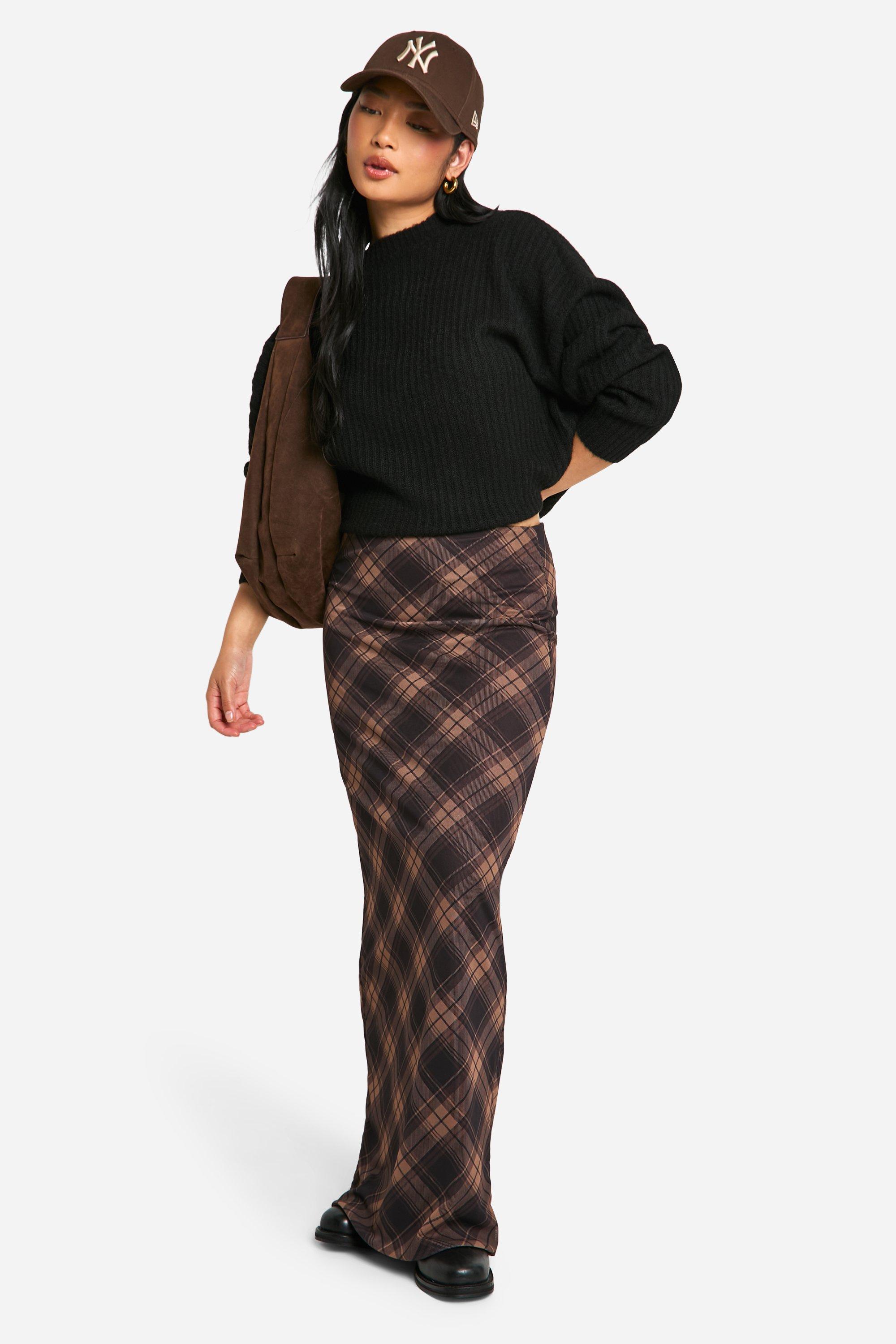 Boohoo Petite Geruite Mesh Maxi Rok, Brown