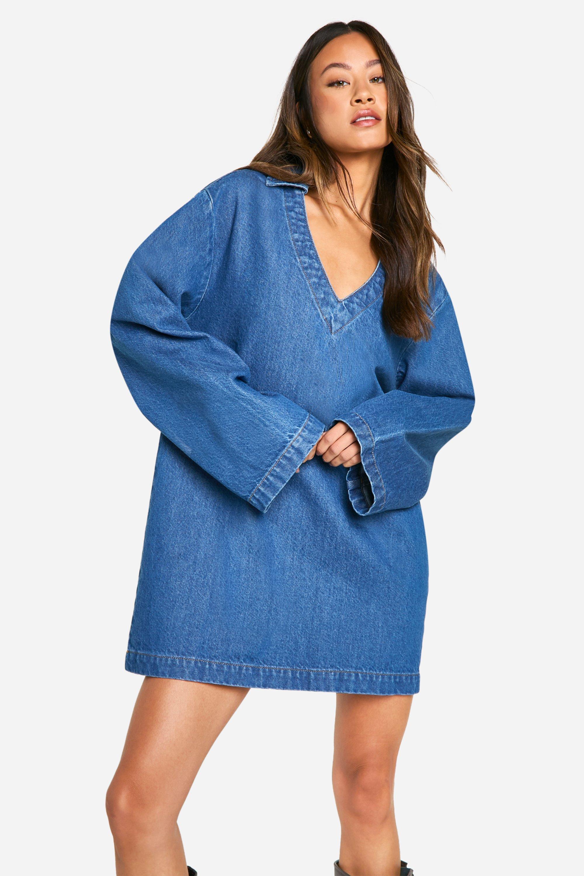 Womens Tall Flare Sleeve Denim Shift Dress - Blue - 8, Blue