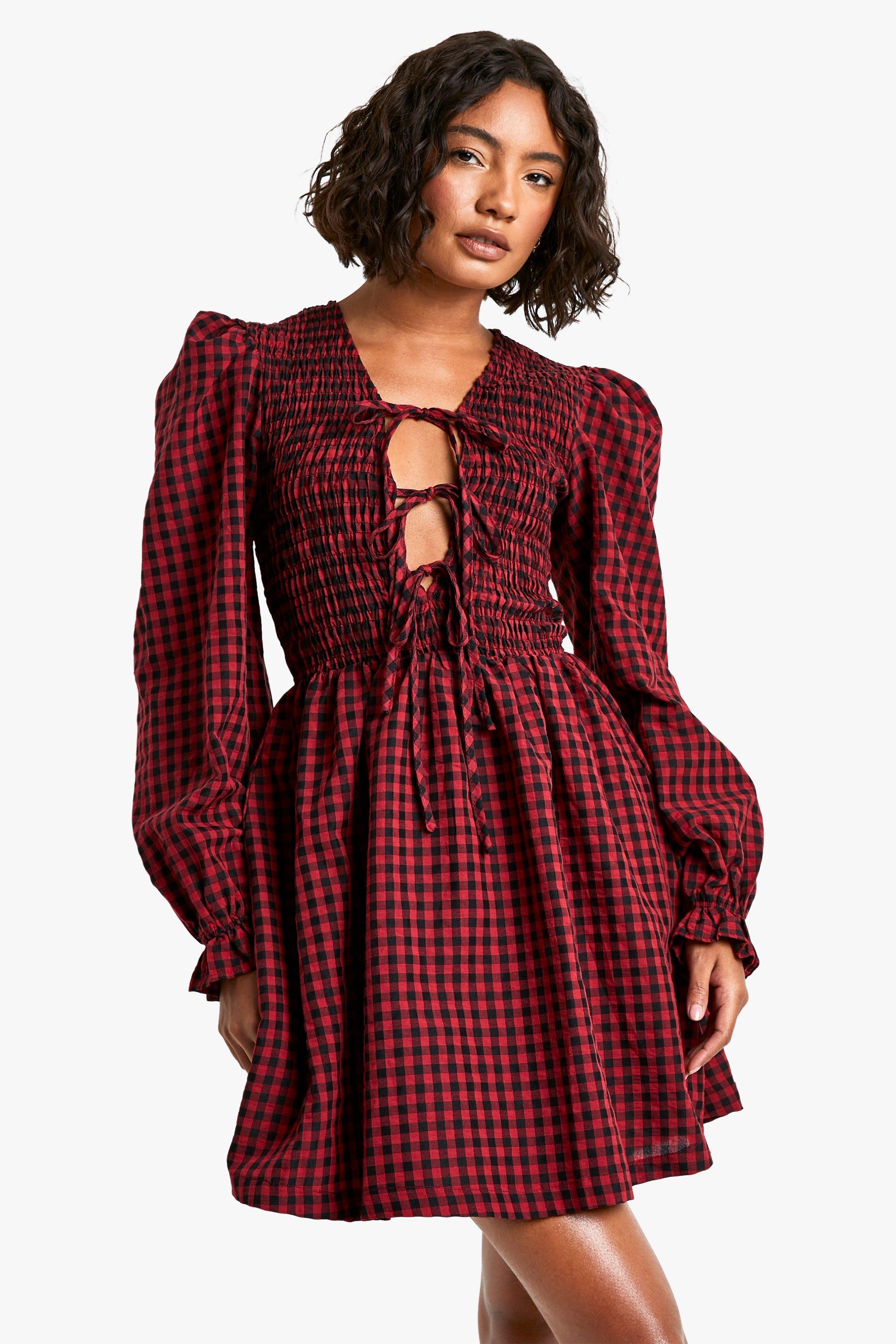 Womens Tall Check Volume Sleeve Tie Front Mini Skater Dress - Red - 12, Red
