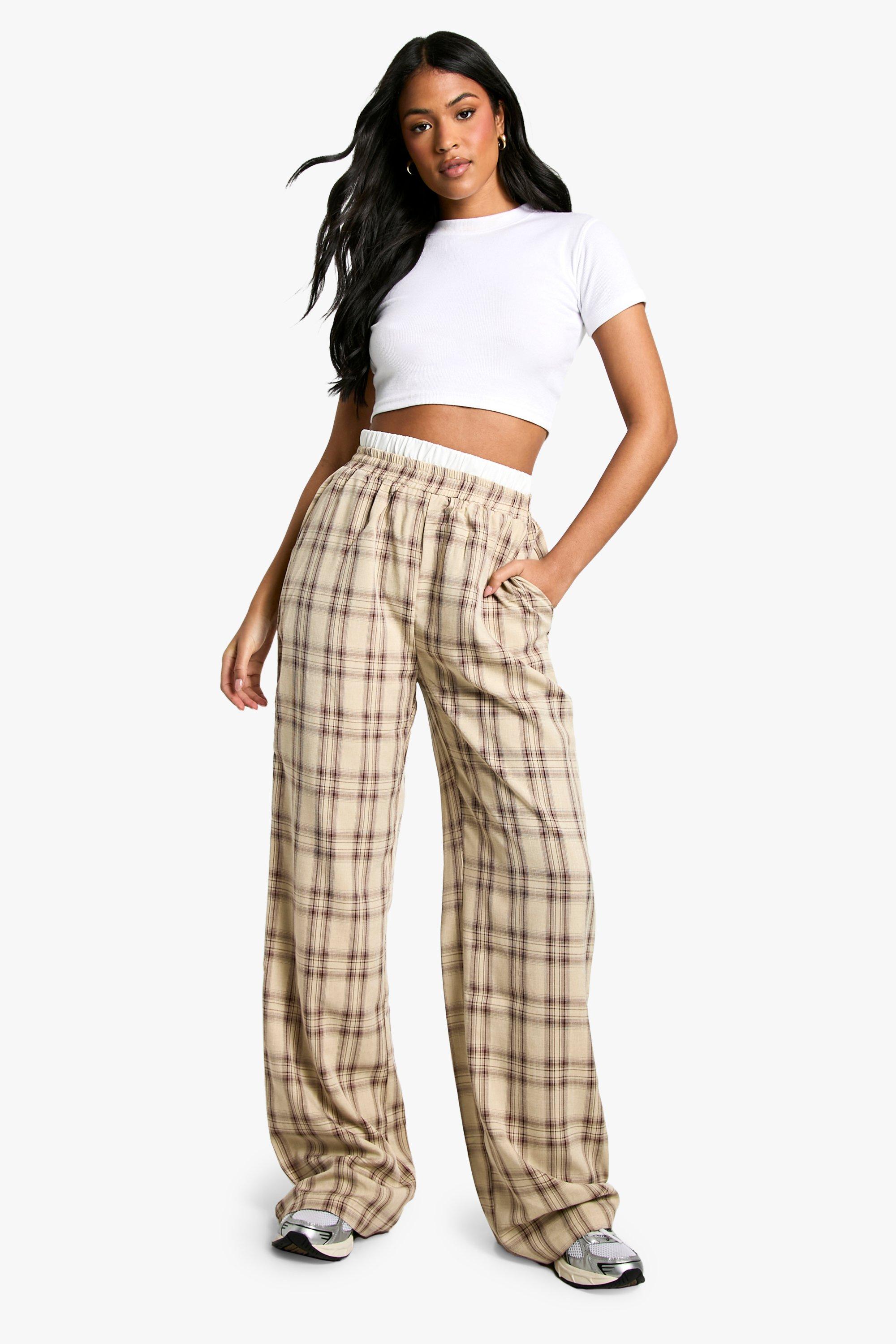 Womens Tall Contrast Waistband Check Wide Leg Trouser - Beige - 6, Beige