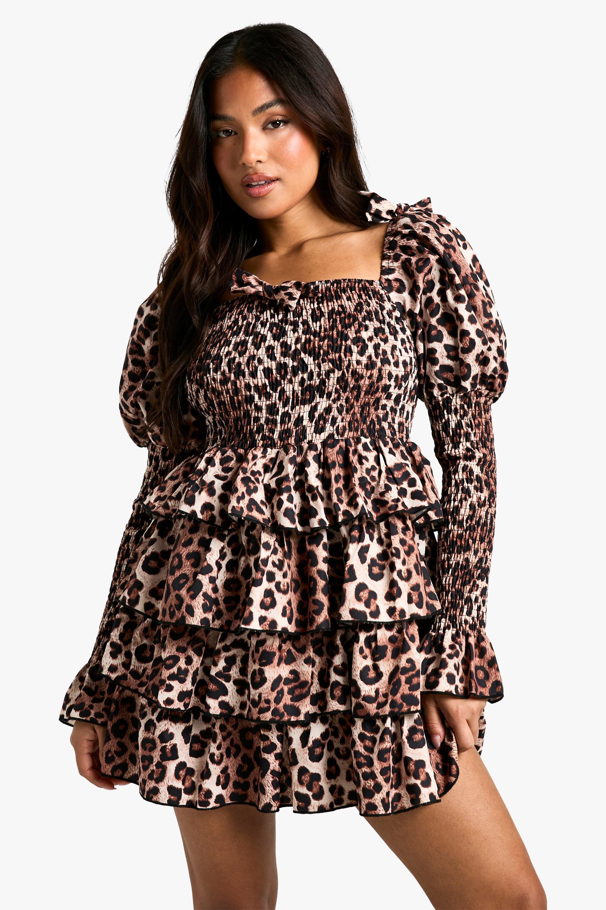 Womens Petite Shirred Leopard Shirred Tiered Ruffle Skater Dress - Multi - 14, Multi