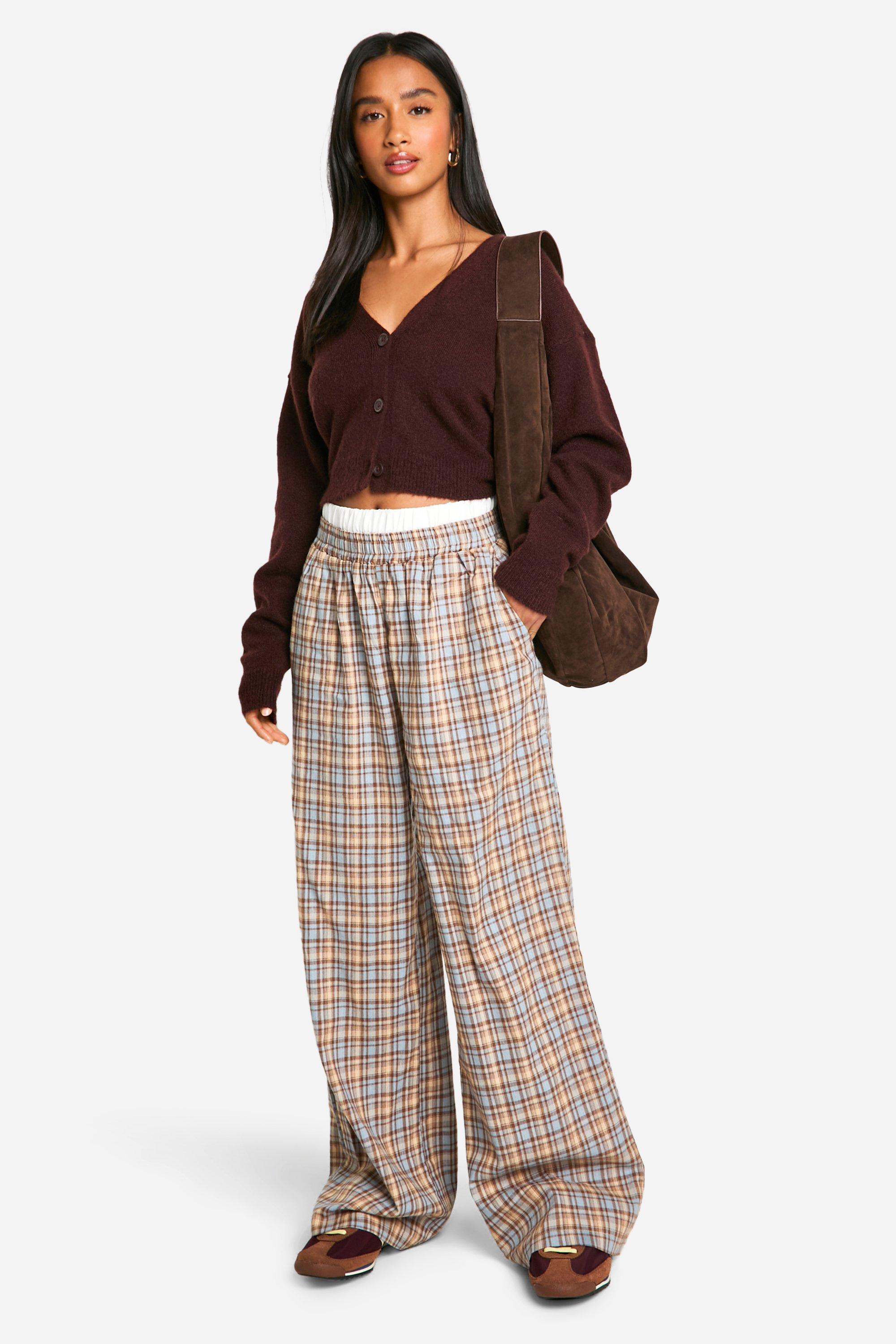 Womens Petite Contrast Waistband Check Wide Leg Trouser - Blue - 6, Blue