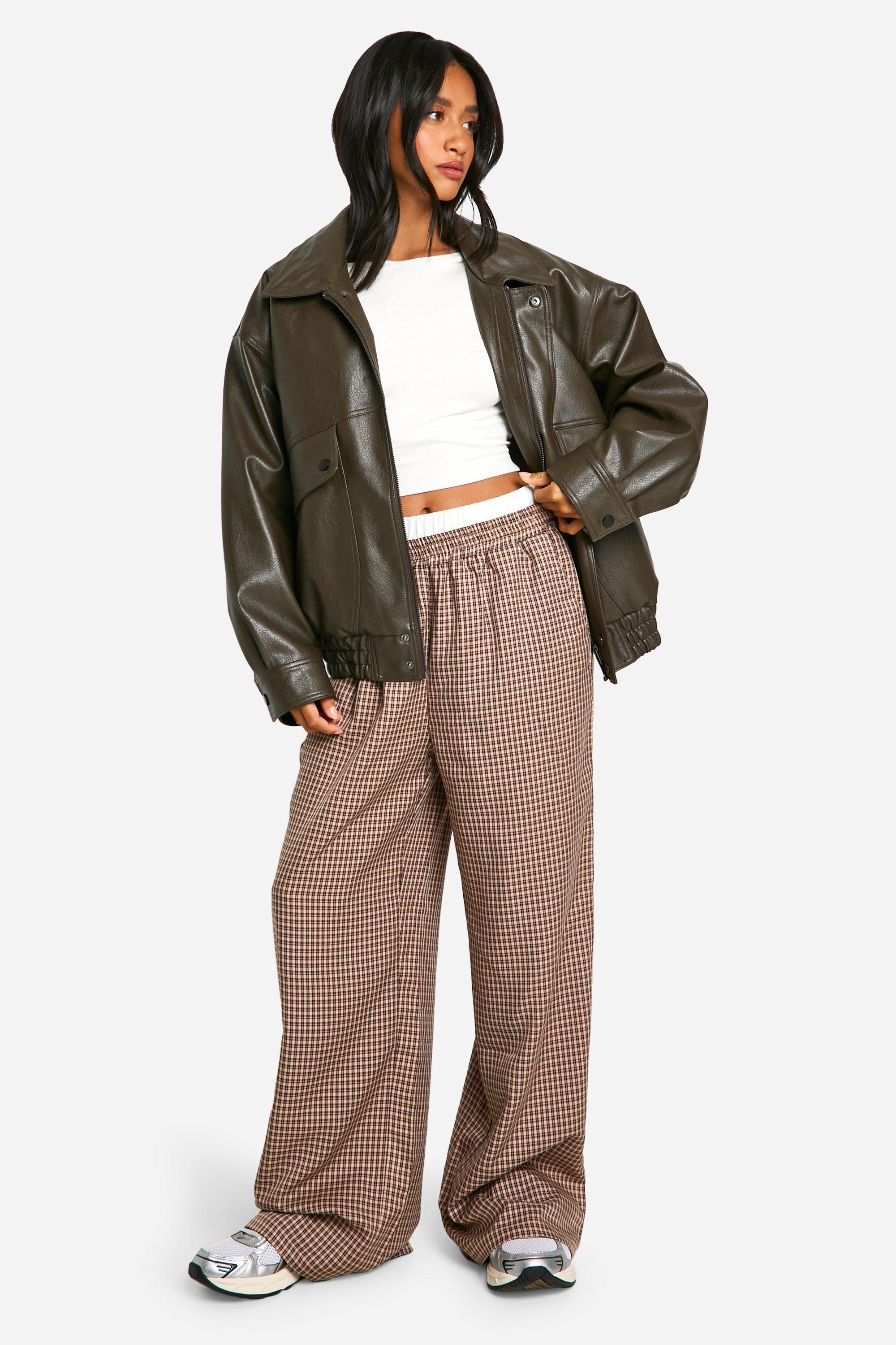 Womens Petite Contrast Waistband Grid Check Wide Leg Trouser - Brown - 16, Brown