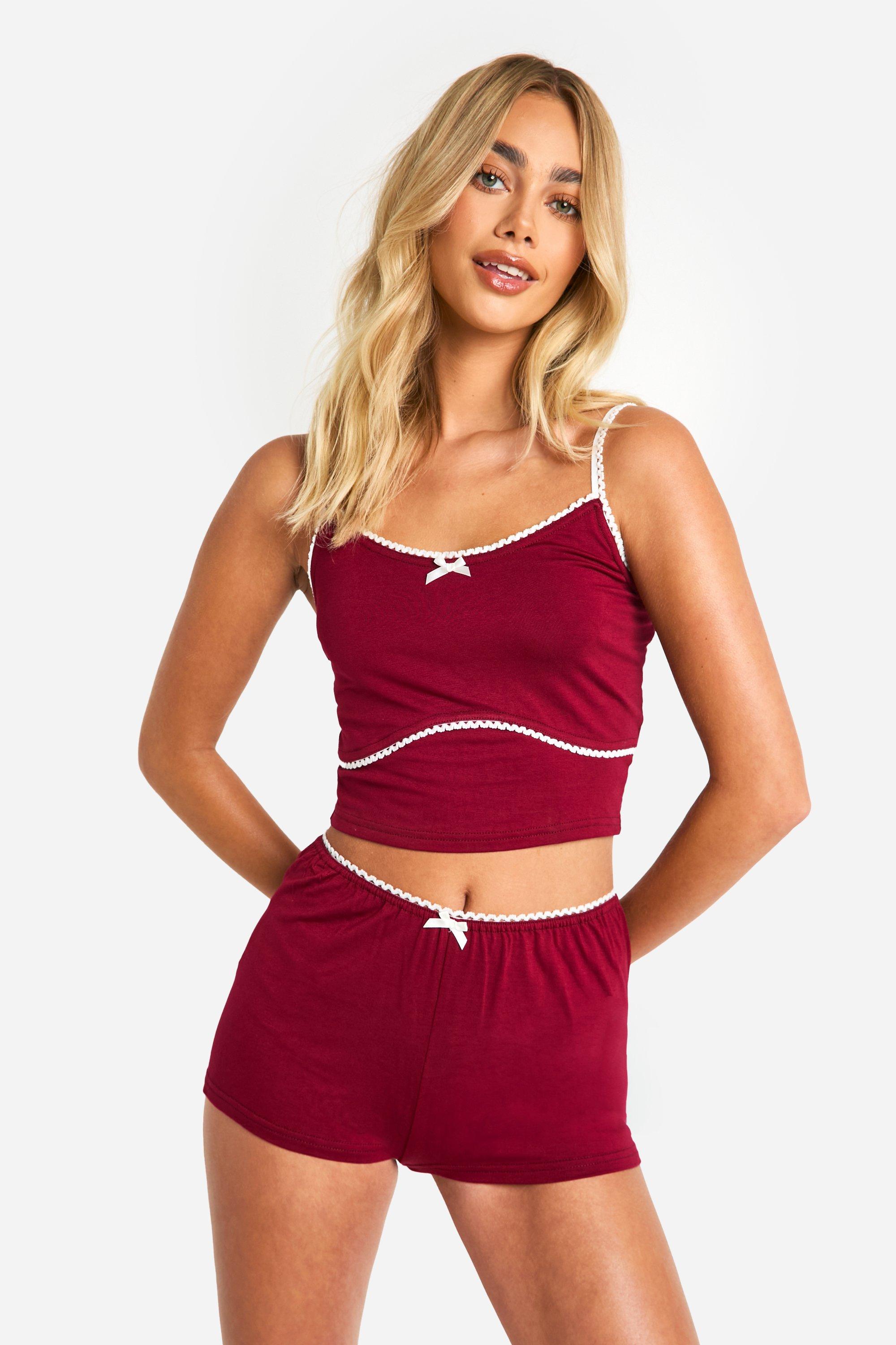 Womens Bow Trim Cami And Short Pyjama Set - Red - 16, Red