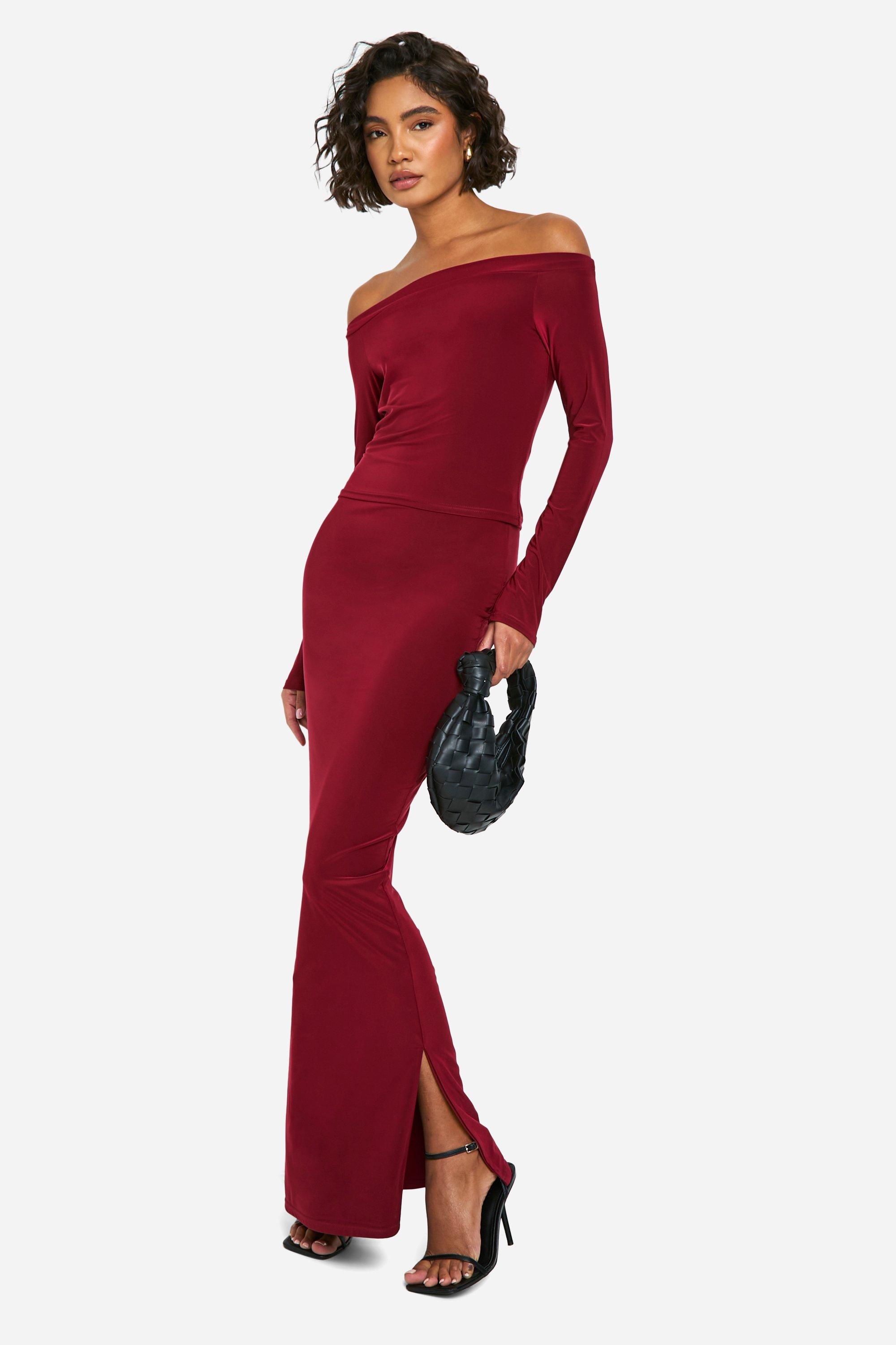 Womens Tall Double Slinky Bardot And Maxi Skirt Set - Red - 14, Red
