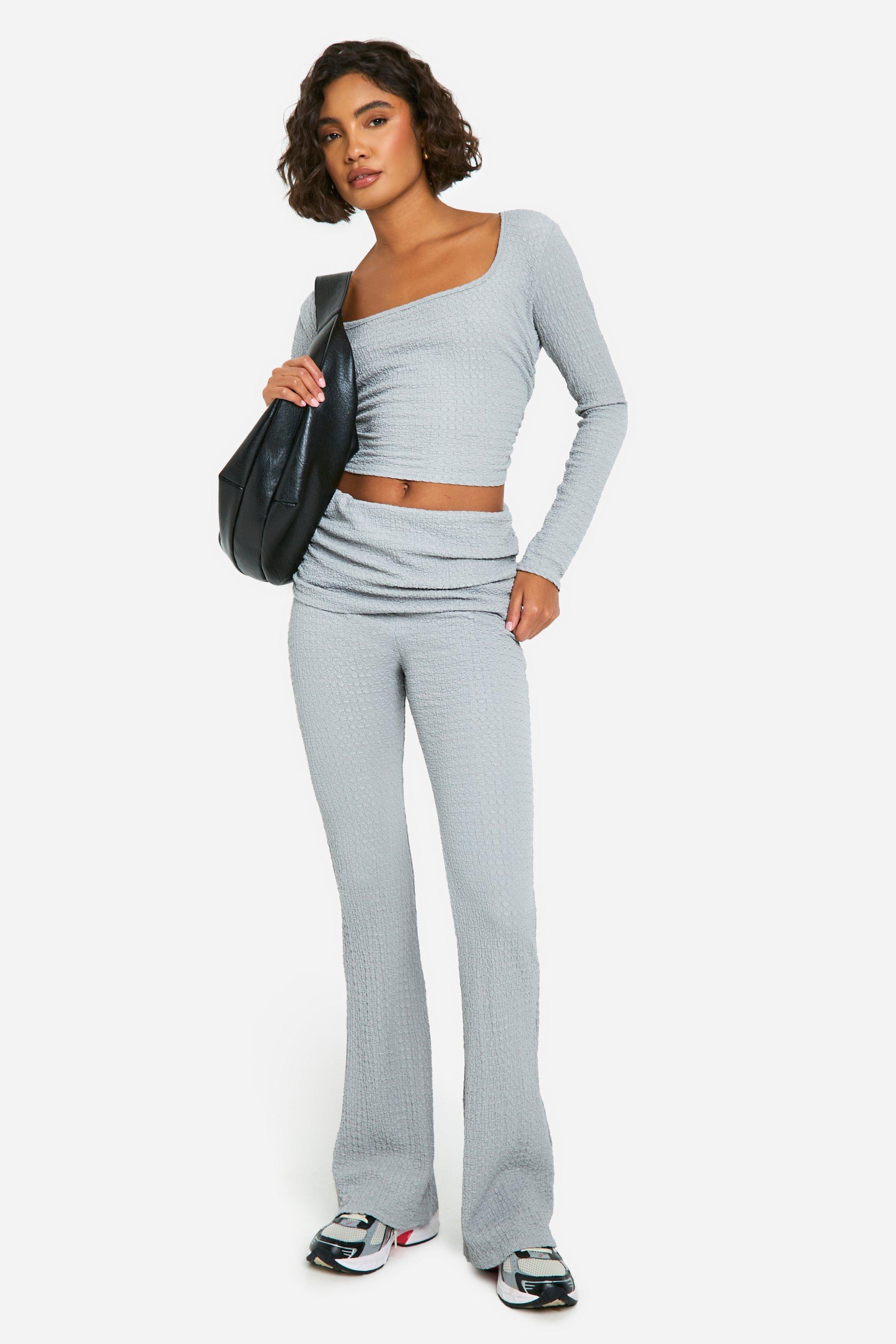 Womens Tall Crinkle Long Sleeve Top And Foldover Flare Co-Ord - Grey - 14, Grey