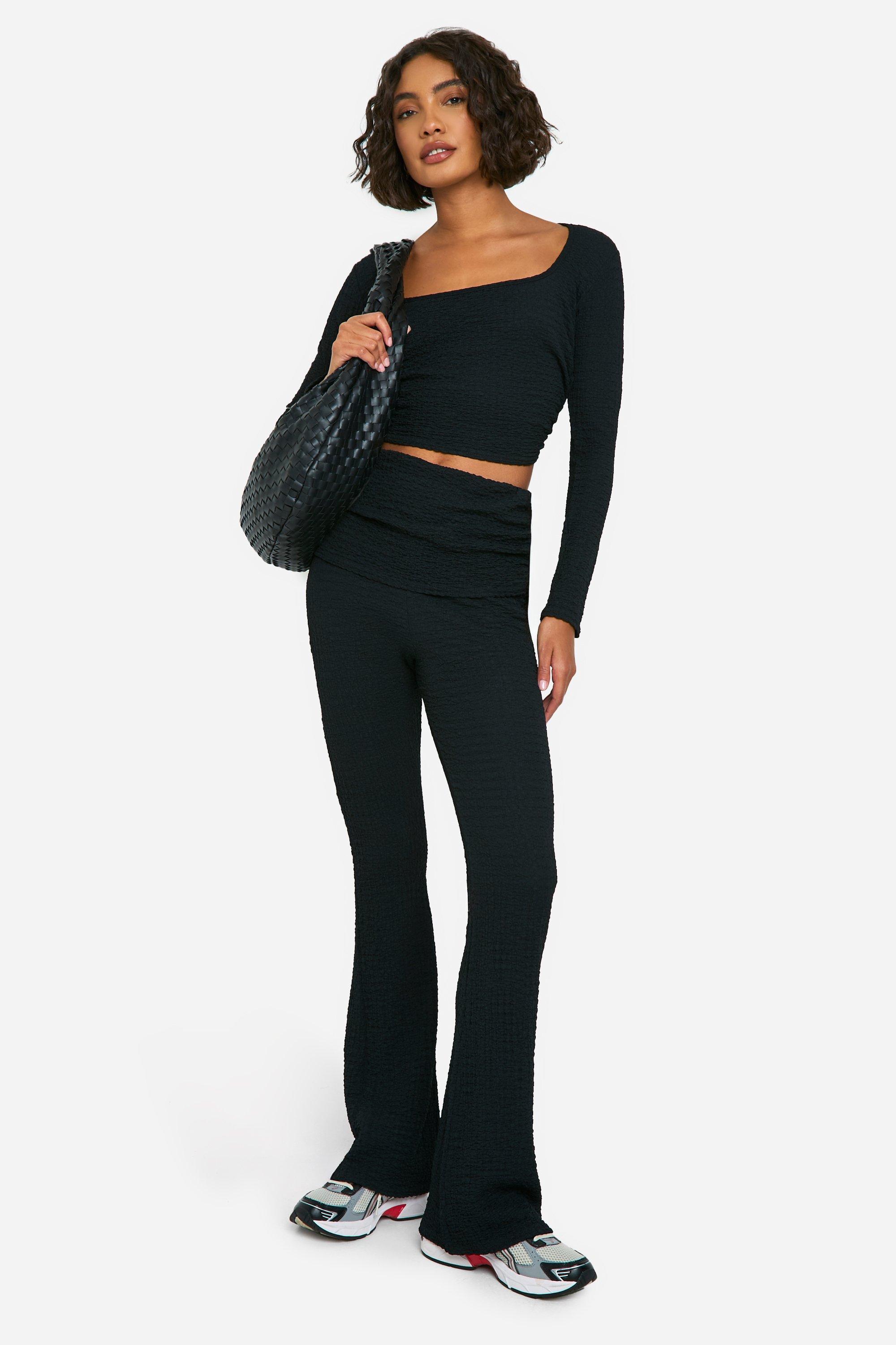 Womens Tall Crinkle Long Sleeve Top And Foldover Flare Co-Ord - Black - 16, Black