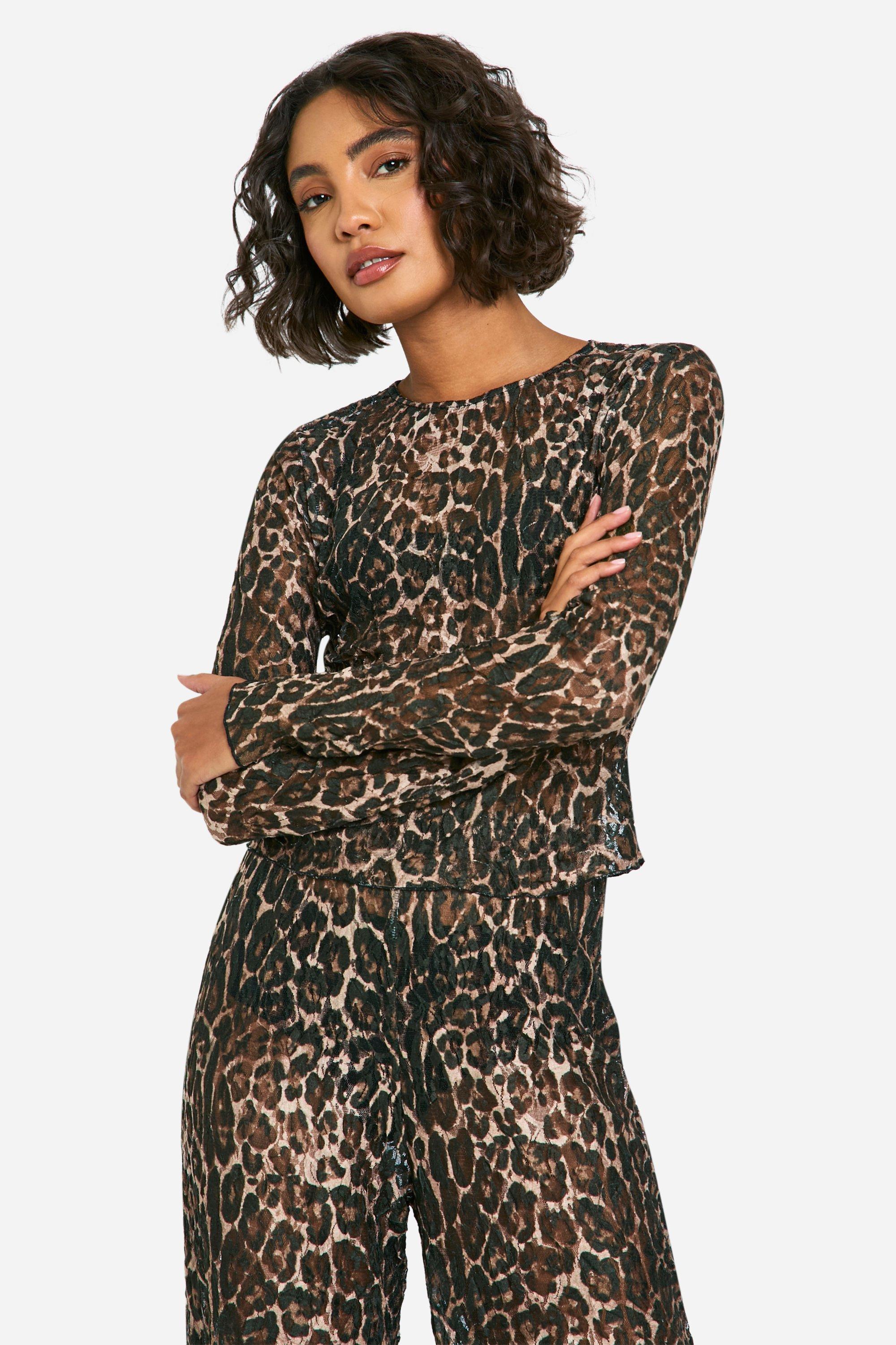 Boohoo Tall Leopard Print Crushed Lace Crop Top, Leopard