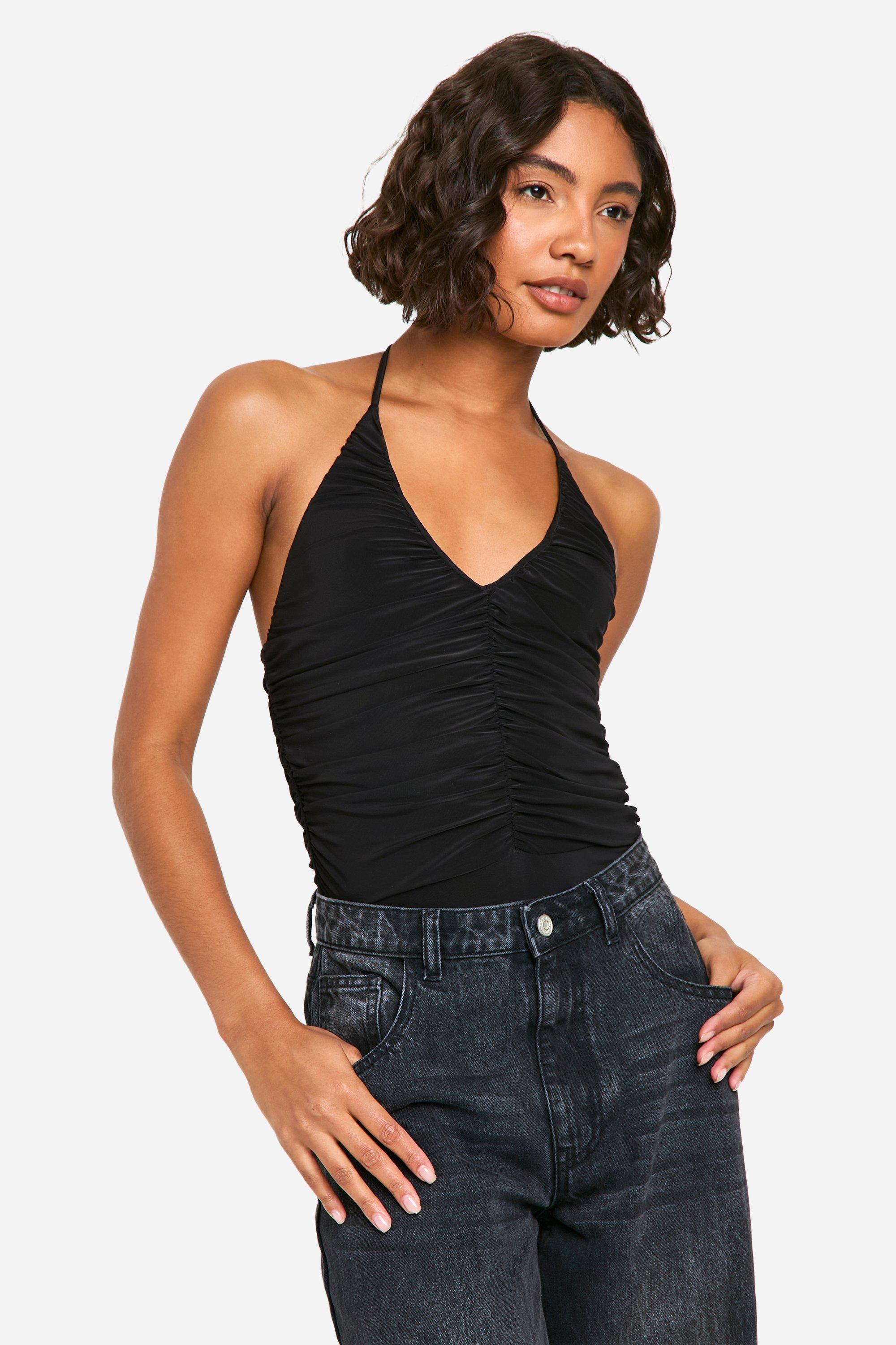 Womens Tall Gathered Detail Double Layer Slinky Bodysuit - Black - 8, Black