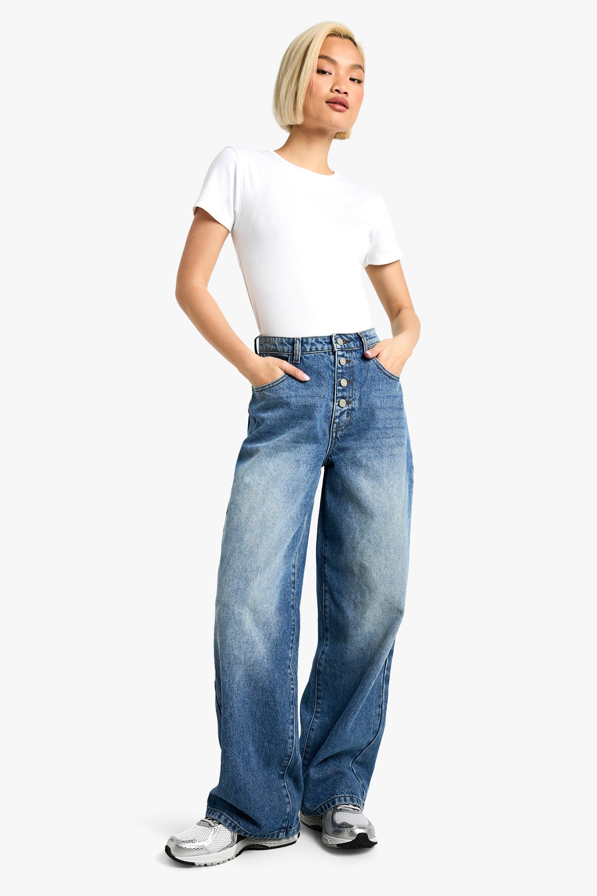 Boohoo Baggy Jeans Met Knoop Detail, Mid Blue