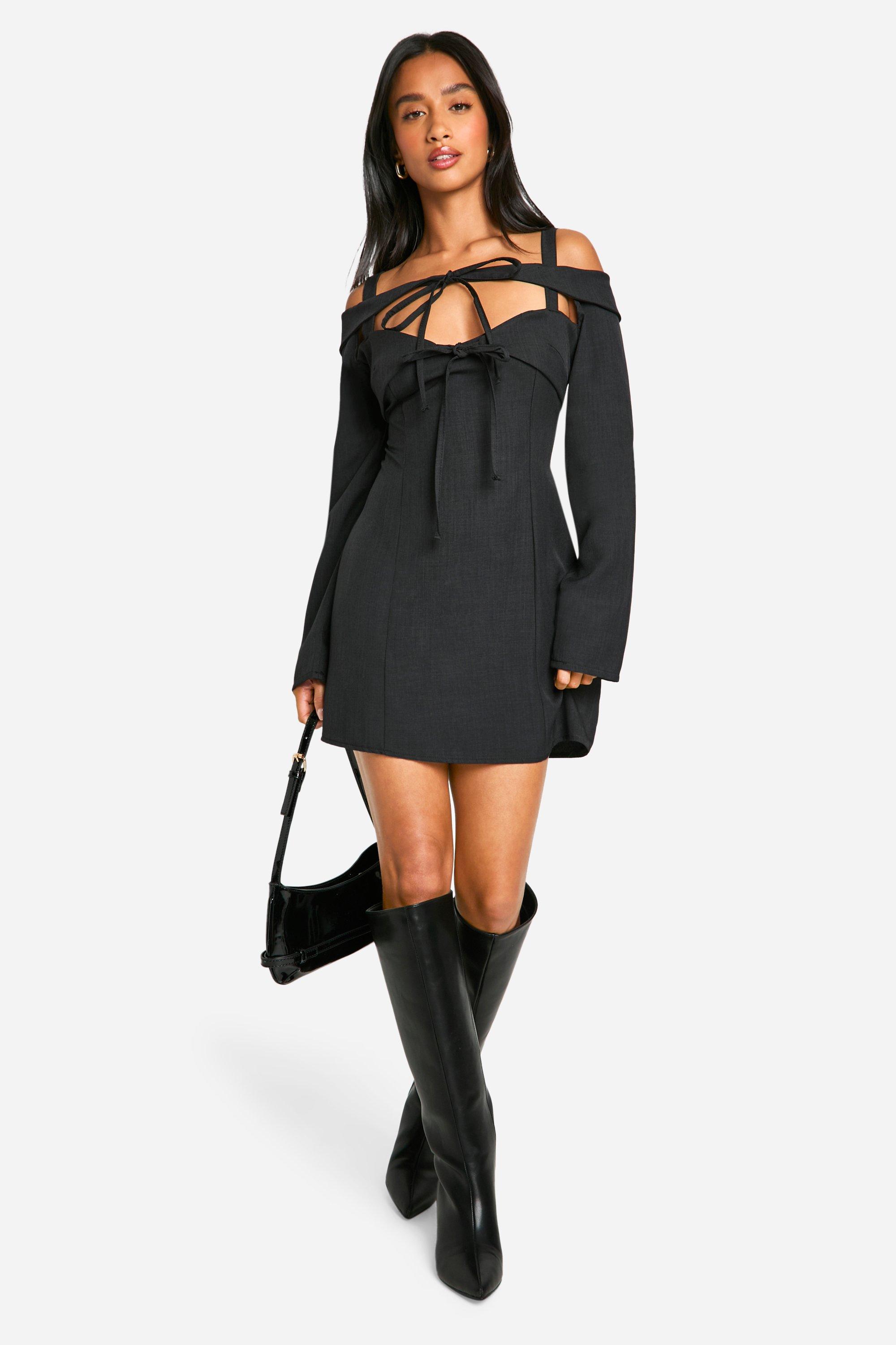 Womens Petite Bardot Cut Out Tailored Mini Dress - Black - 12, Black